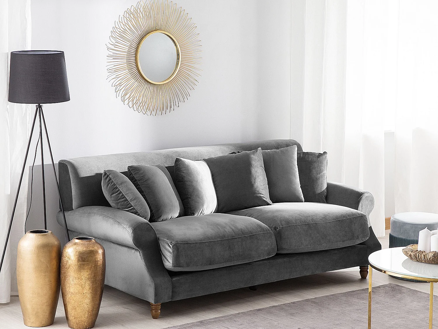 2-Sitzer Sofa Samt grau mit mehreren Kissen Polstersofa Retro-Stil Eike