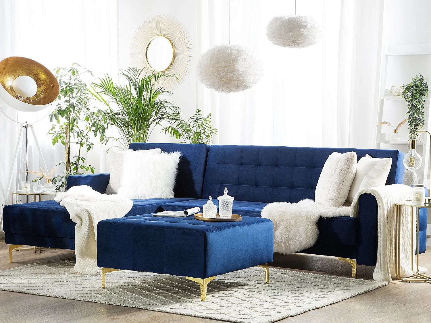 Modul Eckschlafsofa ABERDEEN Samtstoff Marineblau mit Ottomane 4-Sitzer rechtsseitig