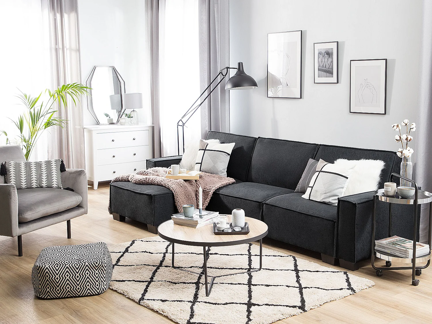 3-Sitzer Ecksofa rechts L-förmig Stoff graphitgrau mit Schlaffunktion Romedal