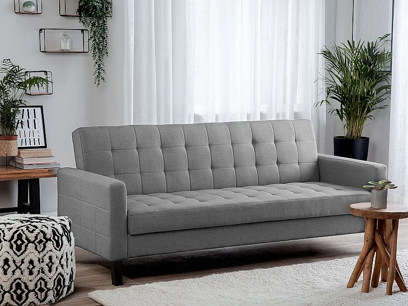 3-Sitzer Sofa mit Schlaffunktion Stoff hellgrau gesteppt Holzbeine Retro Vehkoo
