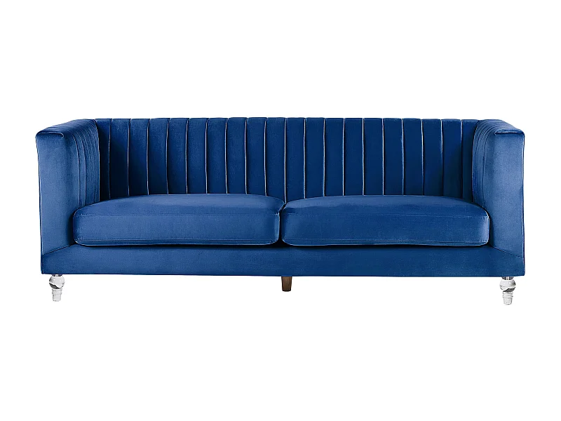 3-Sitzer Sofa Samtstoff blau gesteppt mit Acryl-Beinen dicken Sitzkissen Arvika