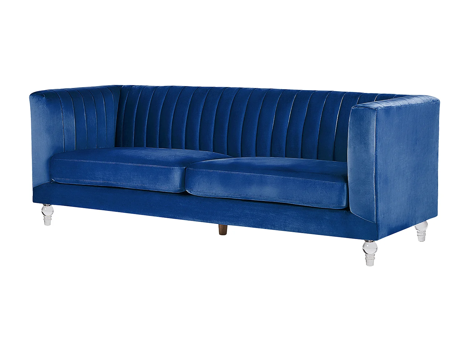 3-Sitzer Sofa Samtstoff blau gesteppt mit Acryl-Beinen dicken Sitzkissen Arvika