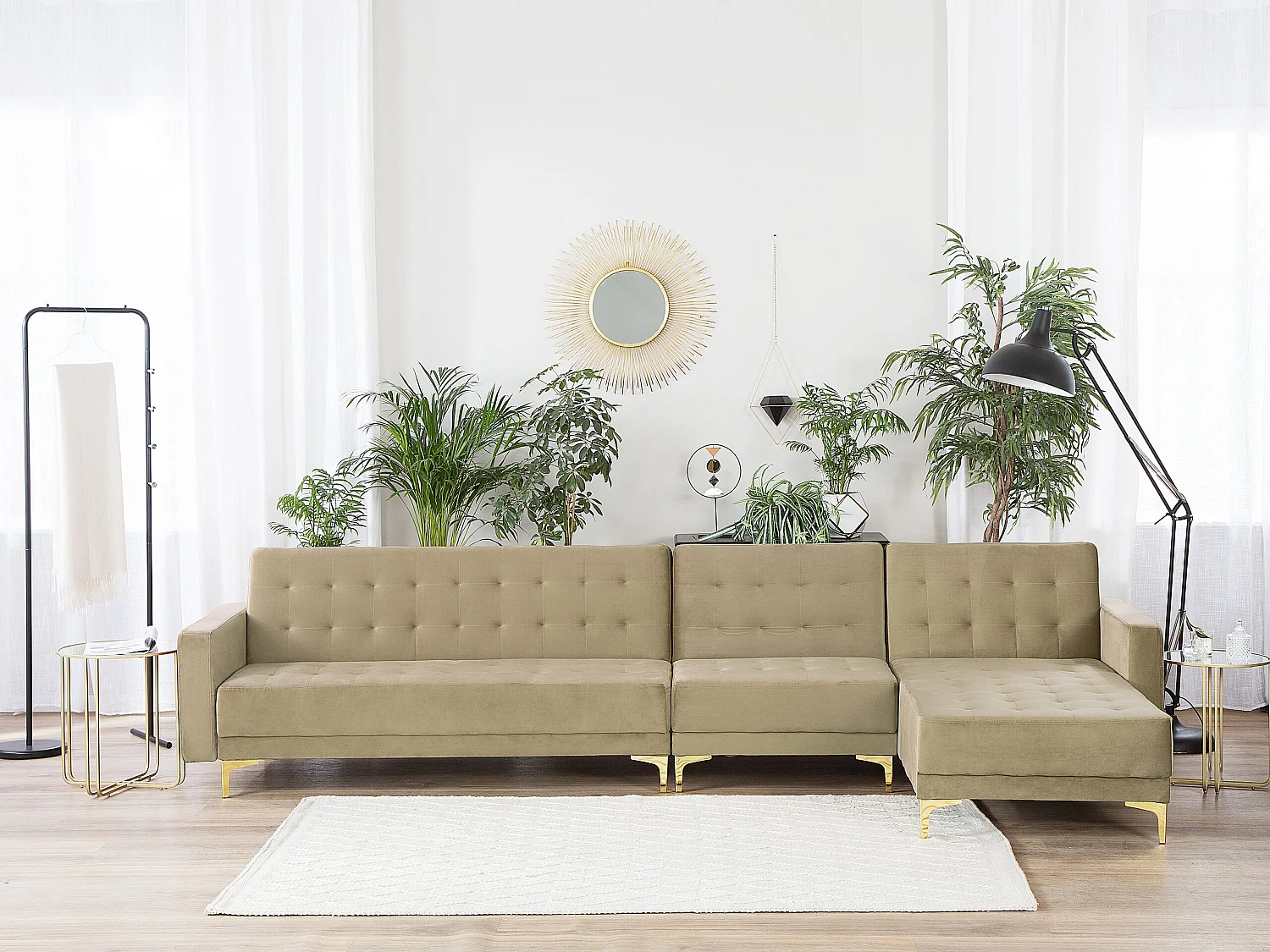 Modul Eckschlafsofa ABERDEEN Samtstoff Sandbeige 5-Sitzer linksseitig
