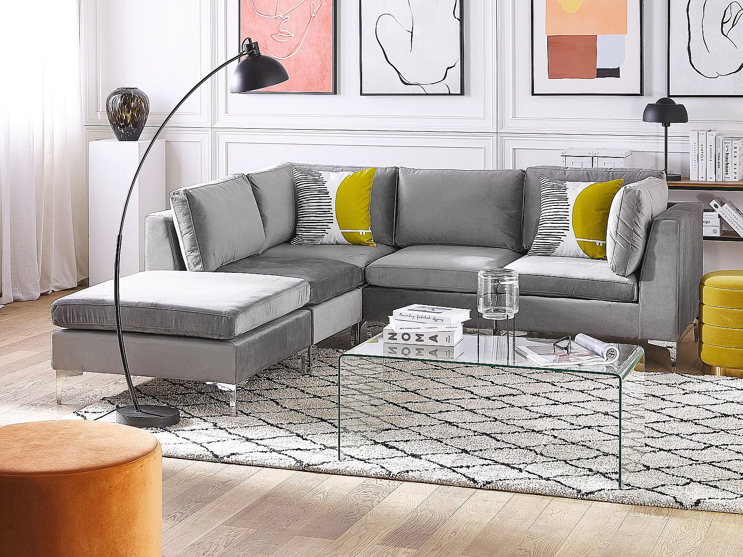 Modulaire hoekbank EVJA Fluweel Grijs Met ottomaan 4-zitter Rechterzijde