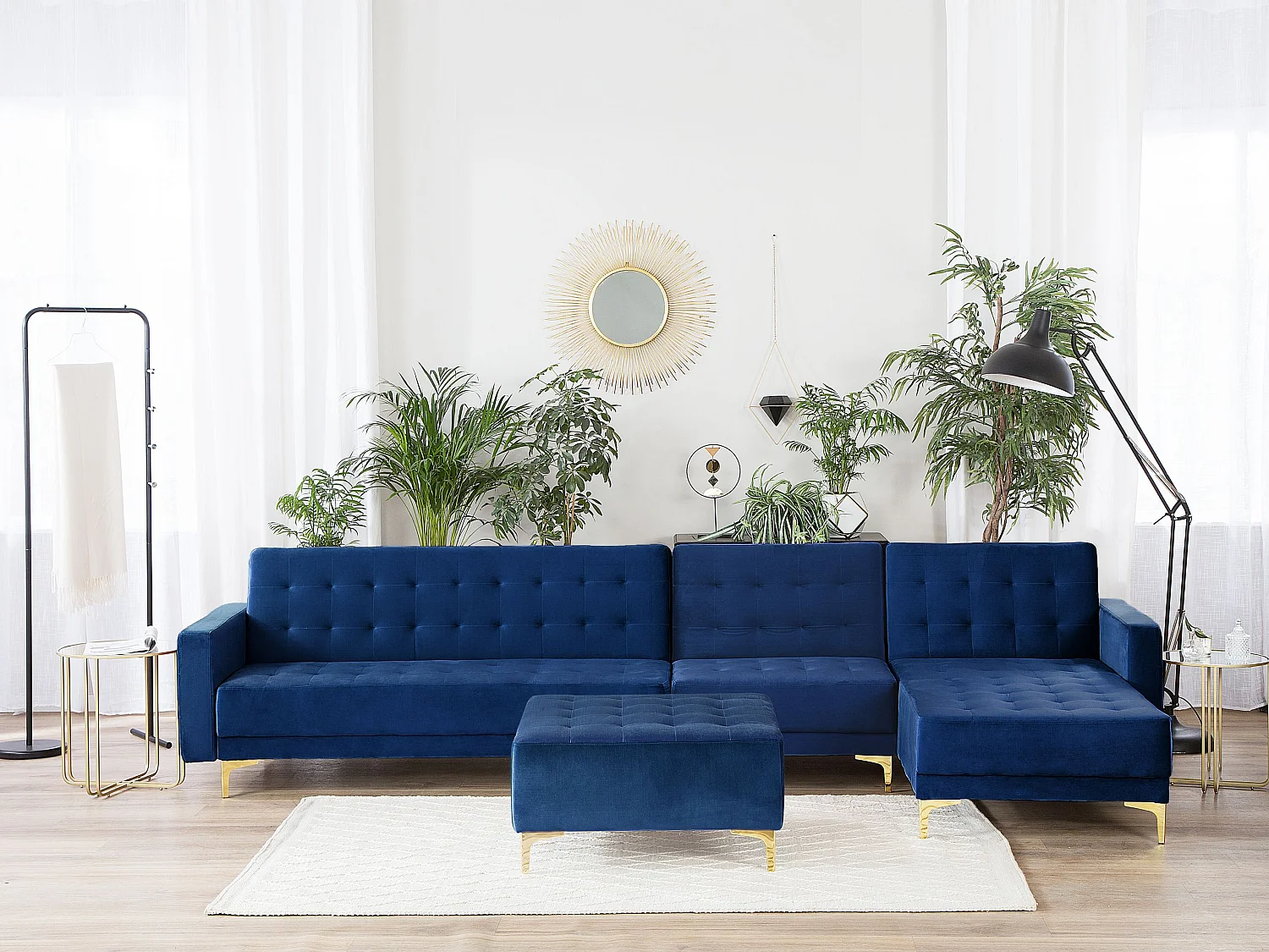 Canapé-lit d'angle modulable 5 places ABERDEEN Velours Bleu marine avec ottoman Côté droite