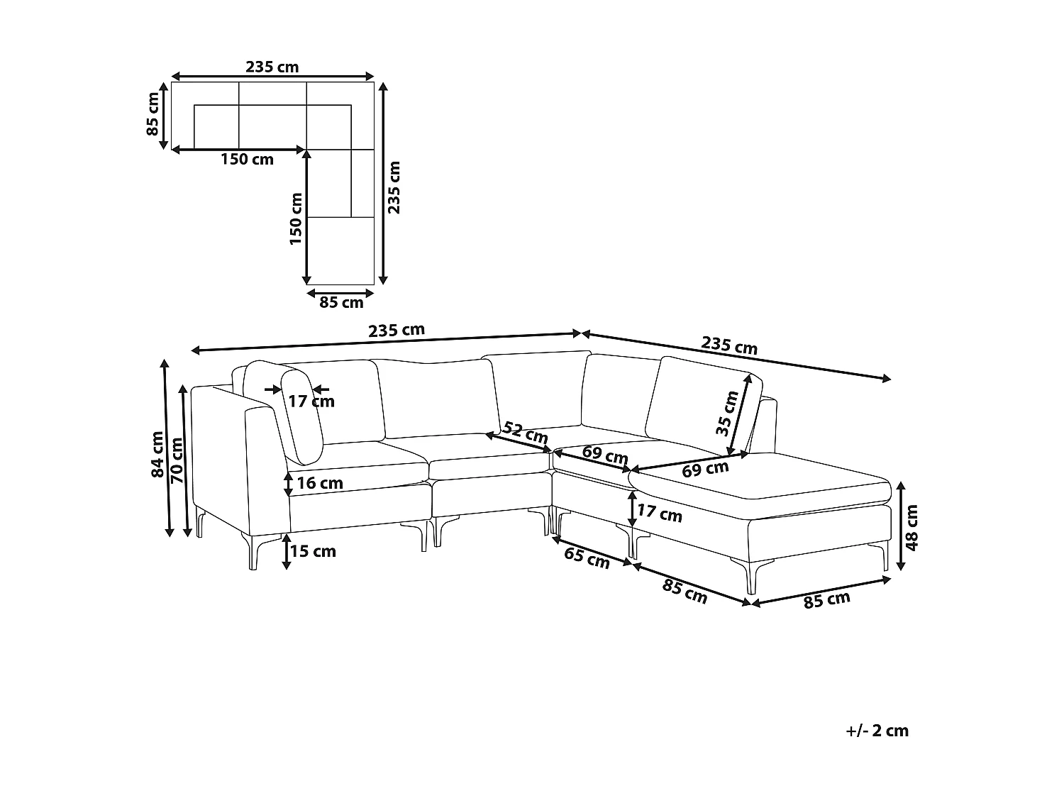 Modulaire hoekbank EVJA Fluweel Grijs Met ottomaan 4-zitter Linkerzijde