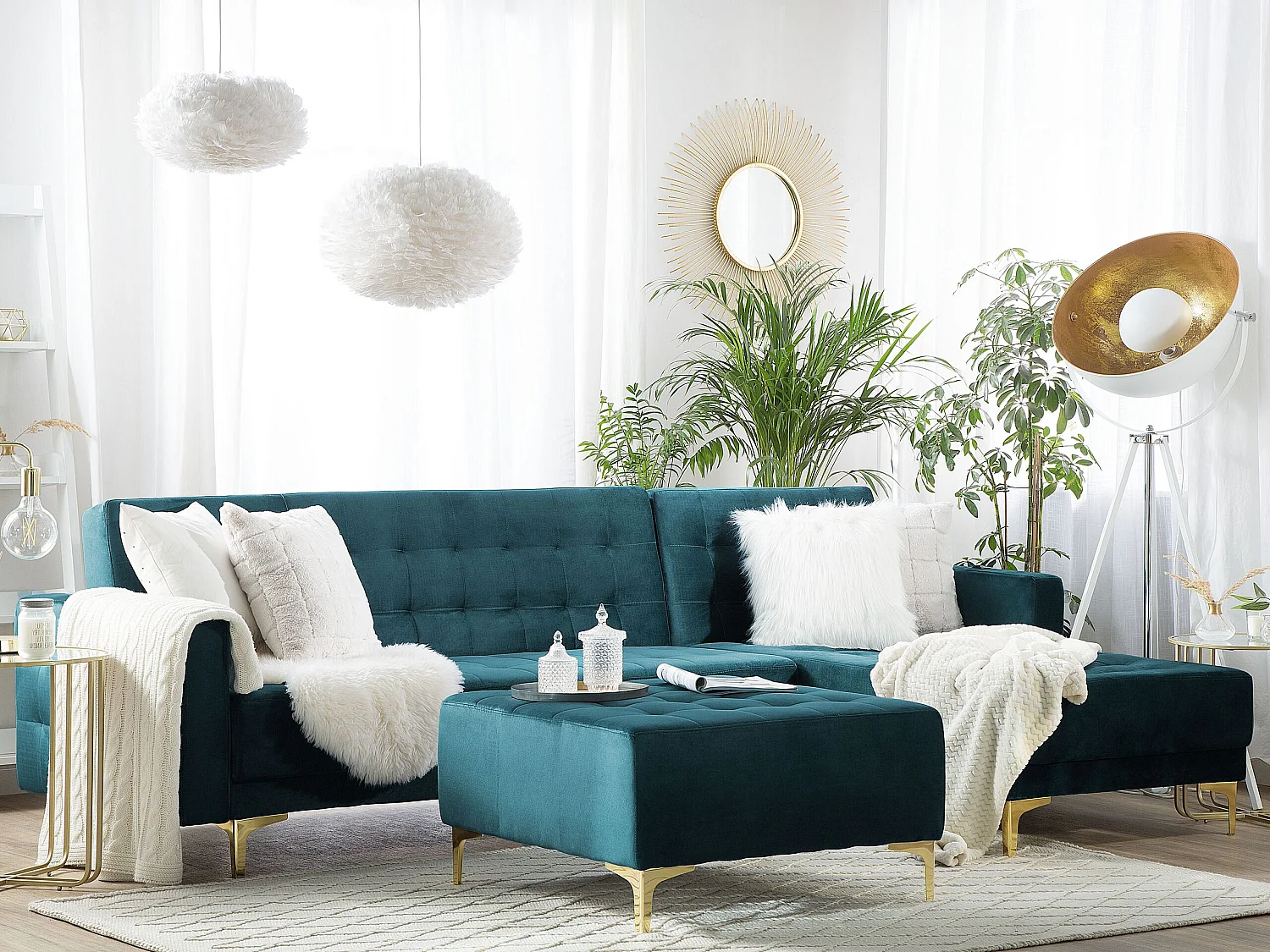 Canapé-lit d'angle modulable 4 places ABERDEEN Velours Bleu paon avec ottoman Côté gauche