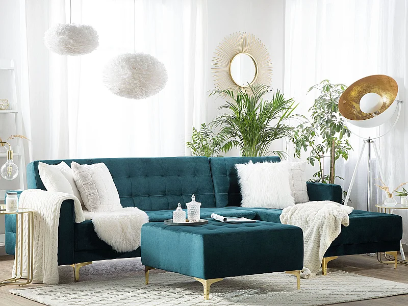 Modulaire hoekslaapbank ABERDEEN Fluweel Blauwgroen Met ottomaan 4-zitter Linkerzijde