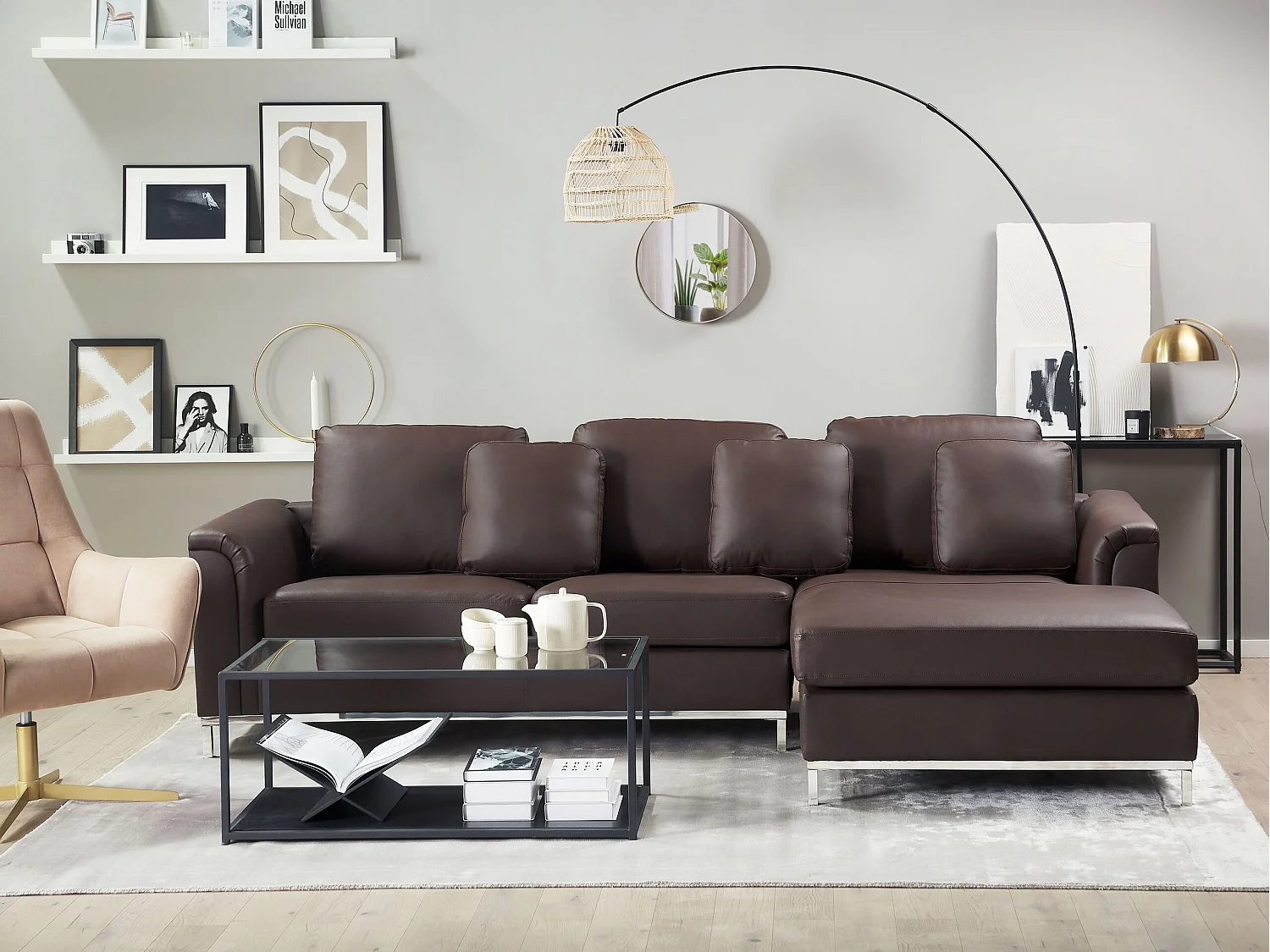 Canapé Angle à droite en Cuir Véritable Marron Dossier Matelassé Housses Amovibles Oslo