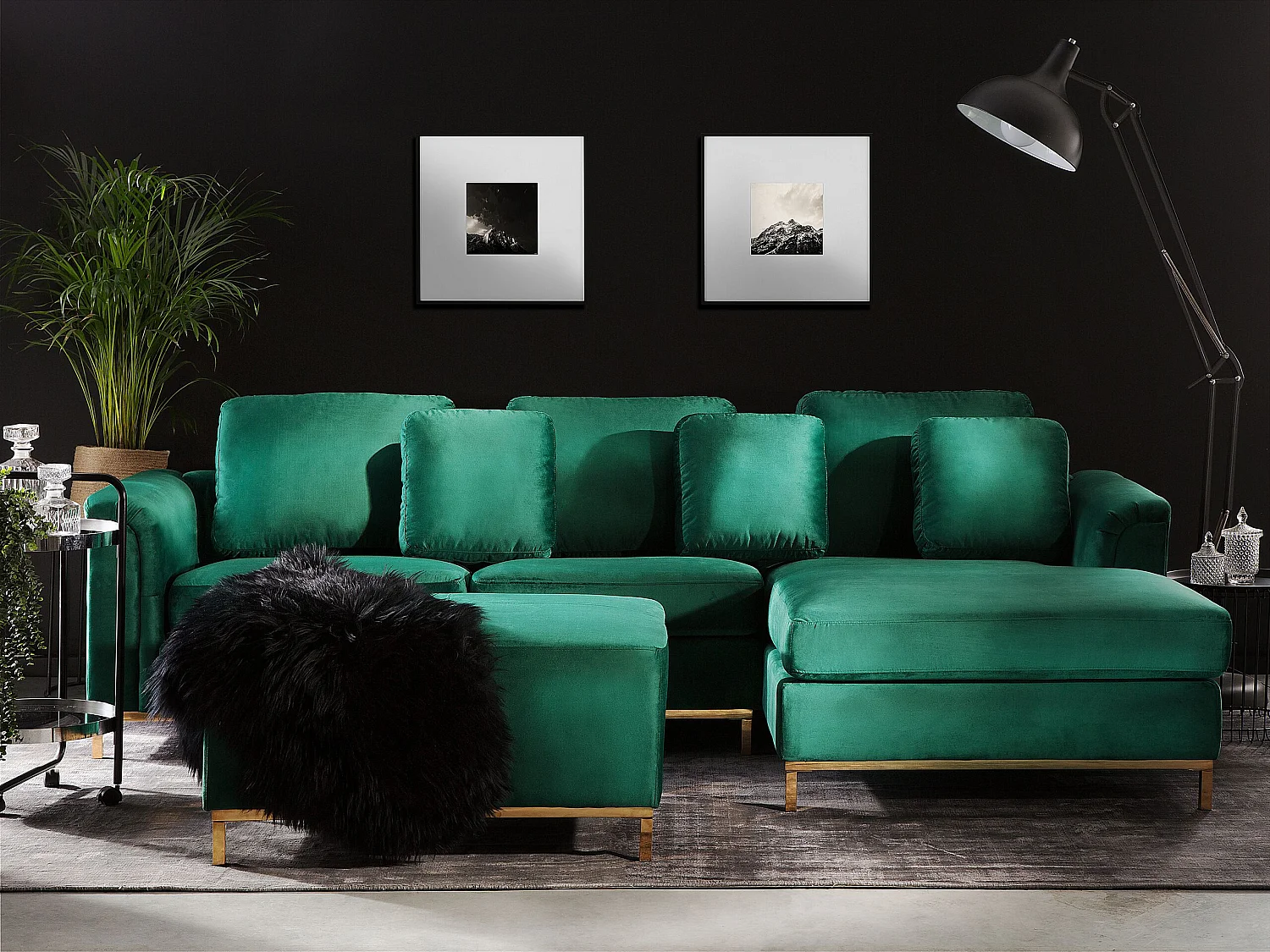 Canapé Angle à droite en Velours Vert et Pouf Ottoman Housses Amovibles Oslo