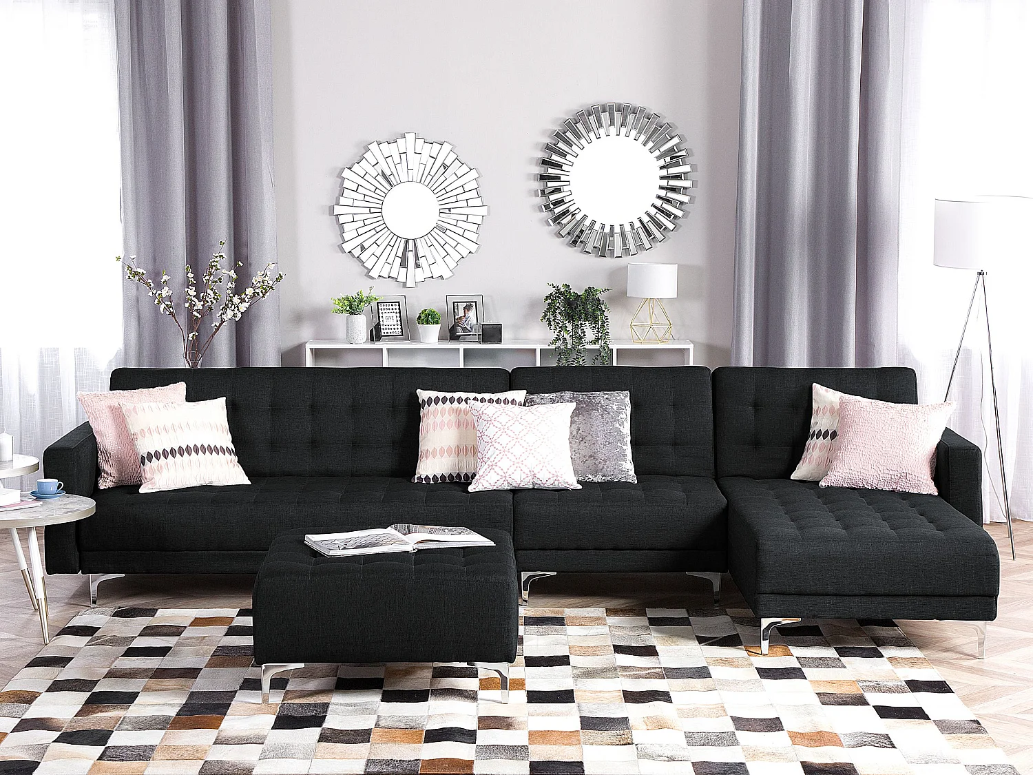 Canapé-lit d'angle modulable ABERDEEN Tissu Gris graphite avec ottoman 5 places Côté droite