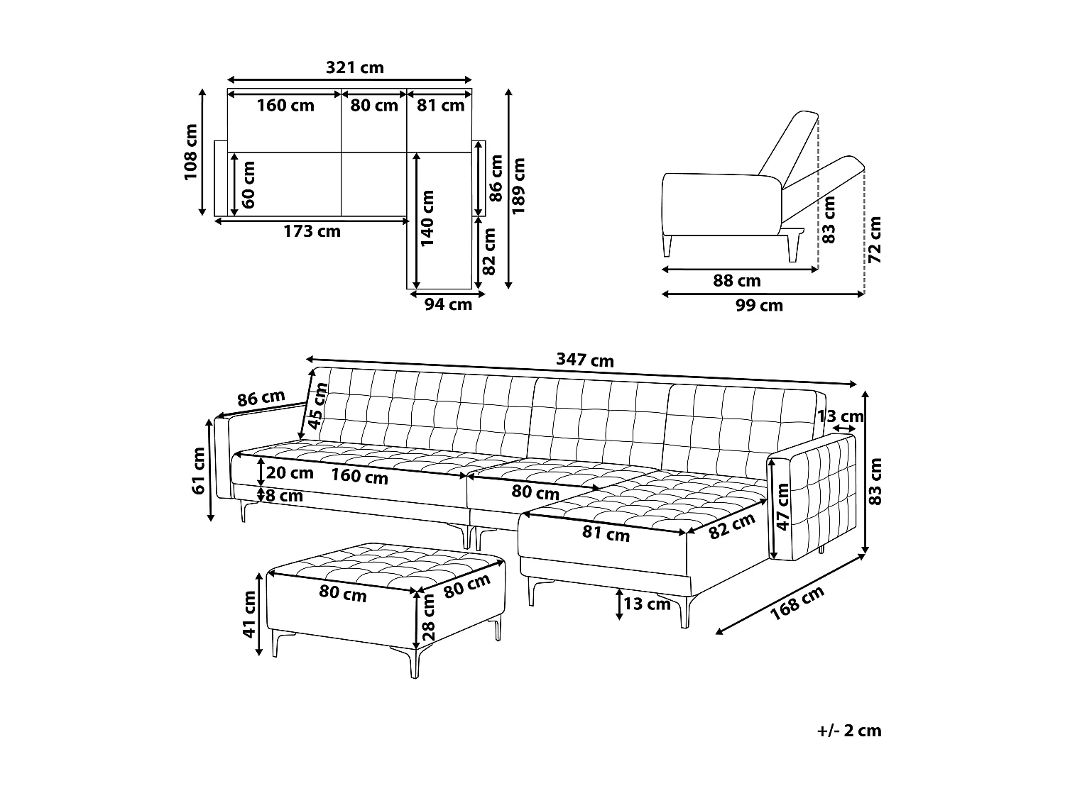 Canapé-lit d'angle modulable ABERDEEN Tissu Gris graphite avec ottoman 5 places Côté droite