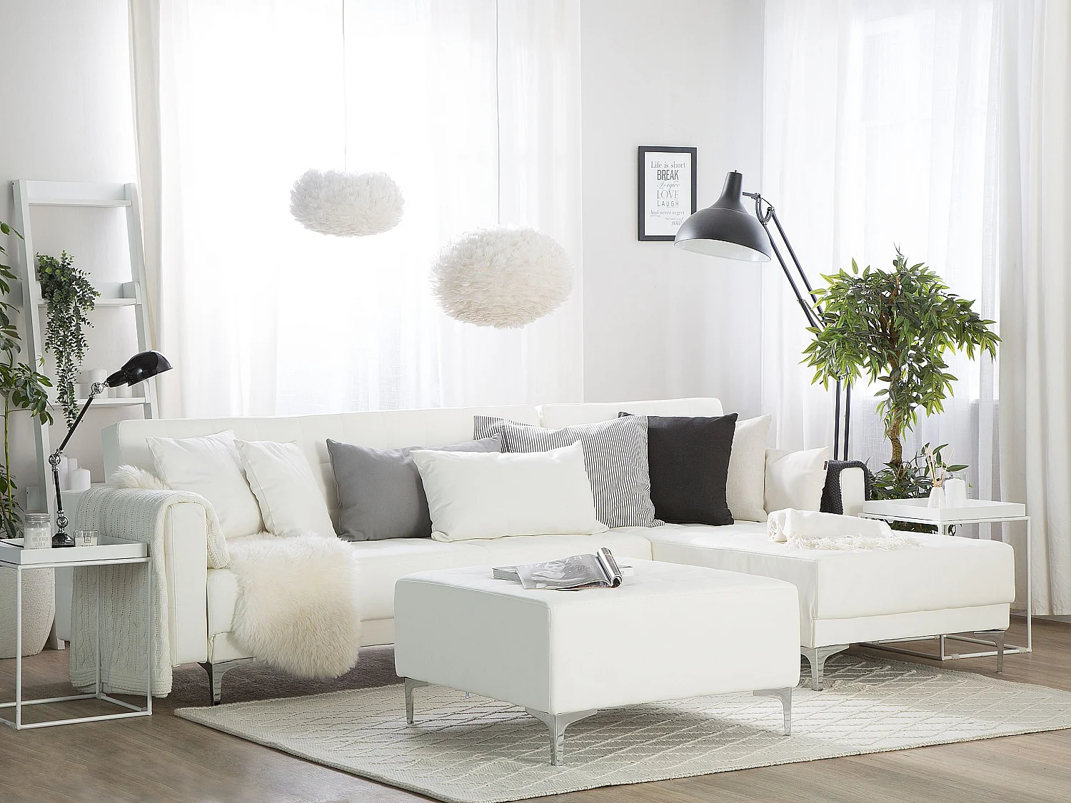 Canapé-lit d'angle modulable 4 places ABERDEEN Cuir PU Blanc avec ottoman Côté droite