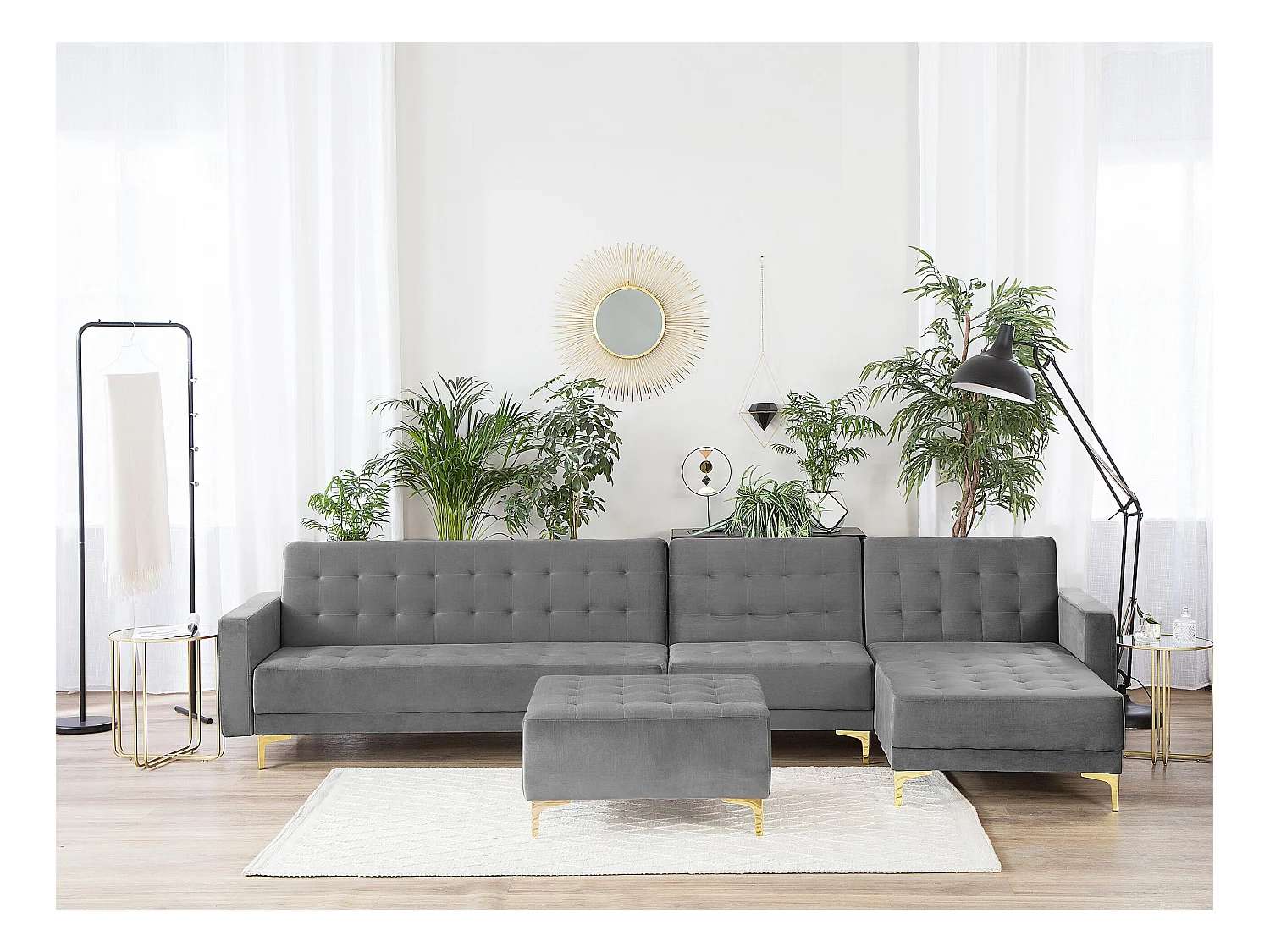 Canapé Angle à Gauche Modulable - Aberdeen - Convertible Avec Pouf Ottoman en Velours Gris Moderne