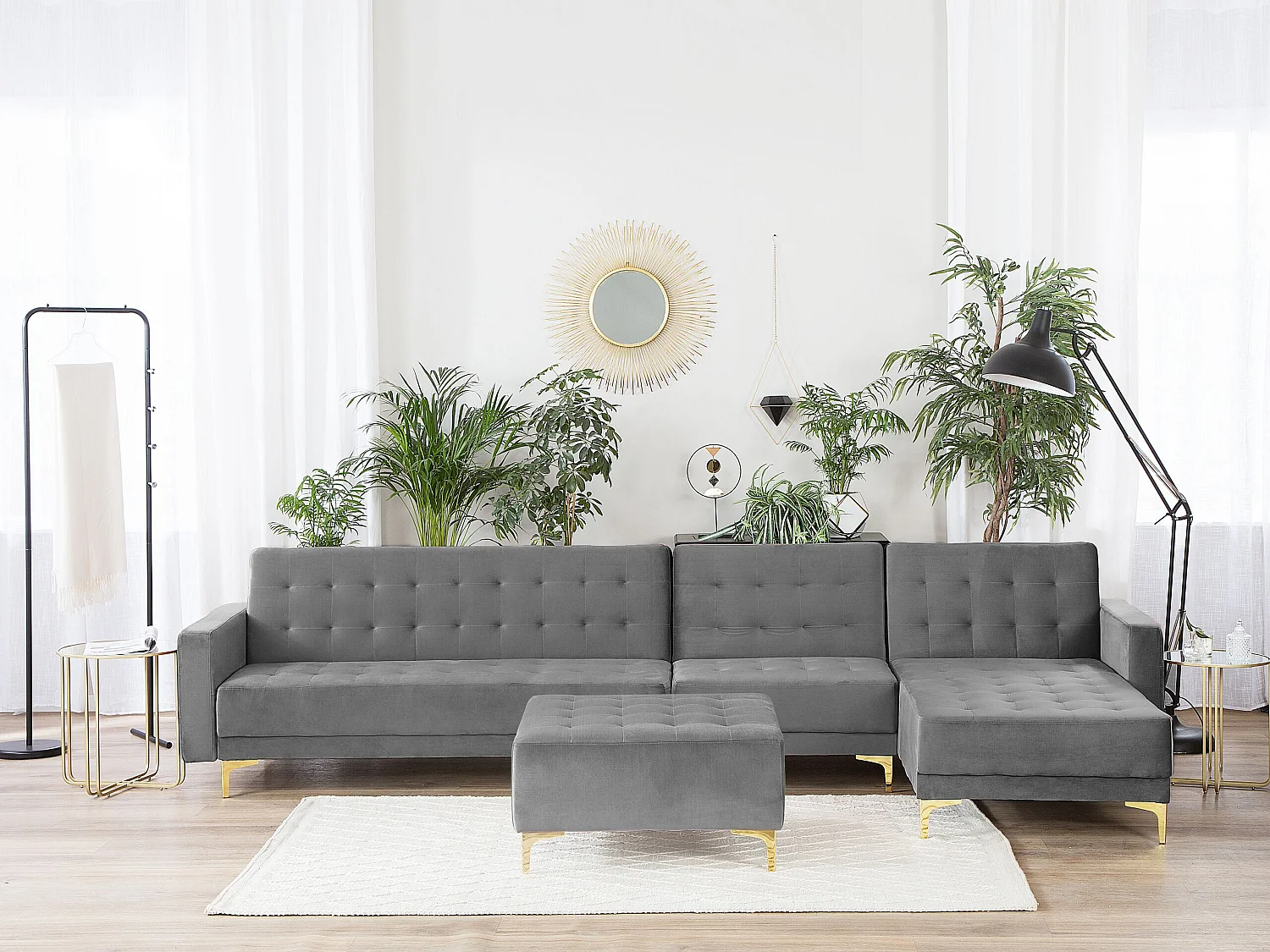 Canapé Angle à Gauche Modulable - Aberdeen - Convertible Avec Pouf Ottoman en Velours Gris Moderne