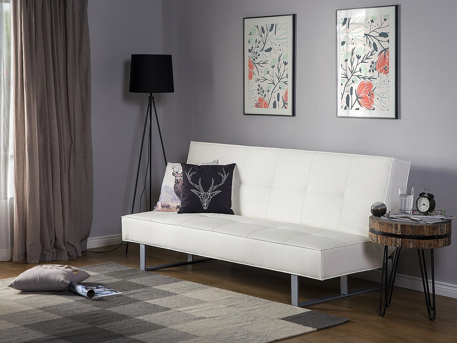 3-Sitzer Schlafsofa Kunstleder weiß gesteppt Sofa mit Schlaffunktion Derby