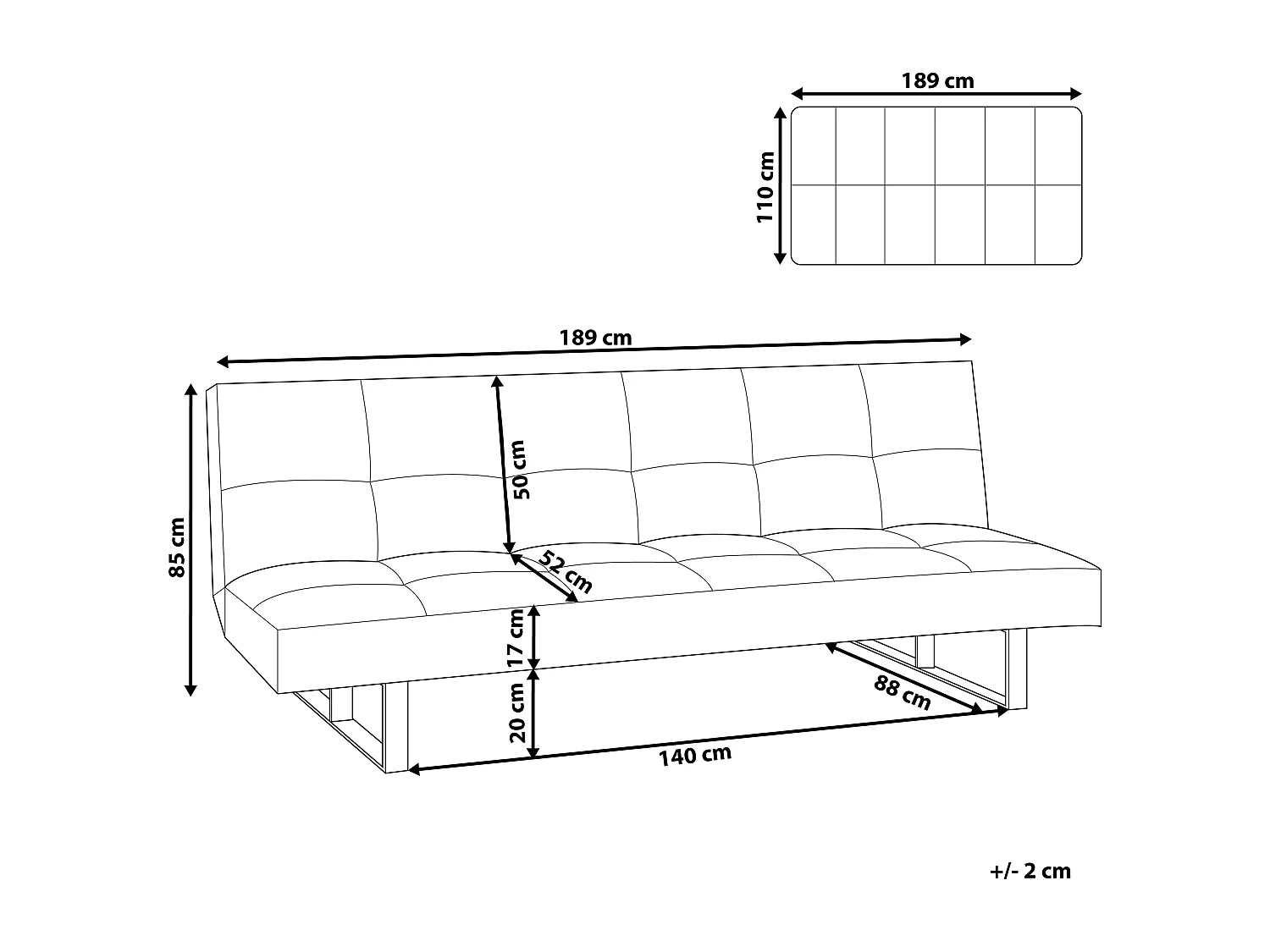 3-Sitzer Schlafsofa Kunstleder weiß gesteppt Sofa mit Schlaffunktion Derby