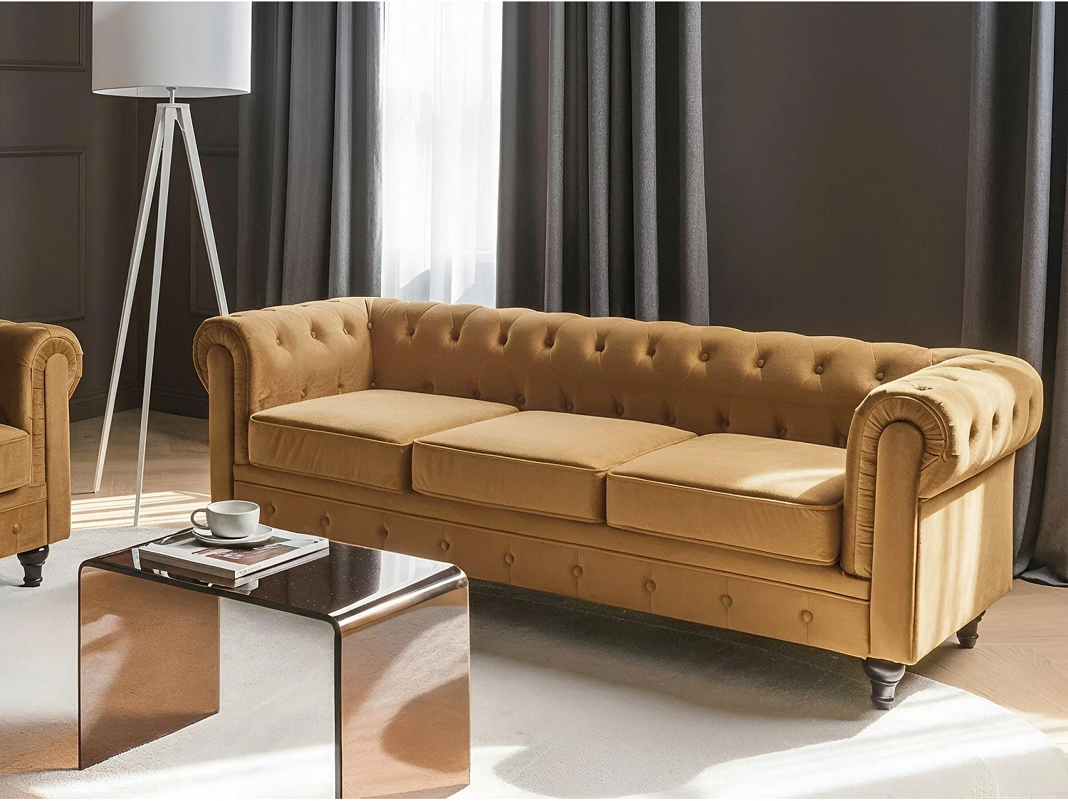 Sofa CHESTERFIELD Welur Musztardowy dla 3 osób