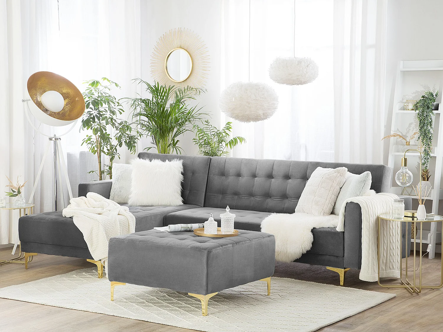 Canapé-lit d'angle modulable ABERDEEN Velours Gris avec ottoman 4 places Côté droit