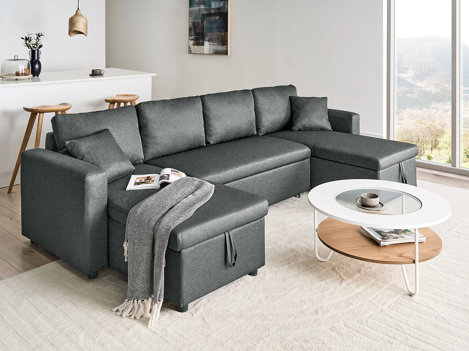 Sofá-cama em U SOMMEN Tecido Cinzento escuro com arrumação 5 lugares