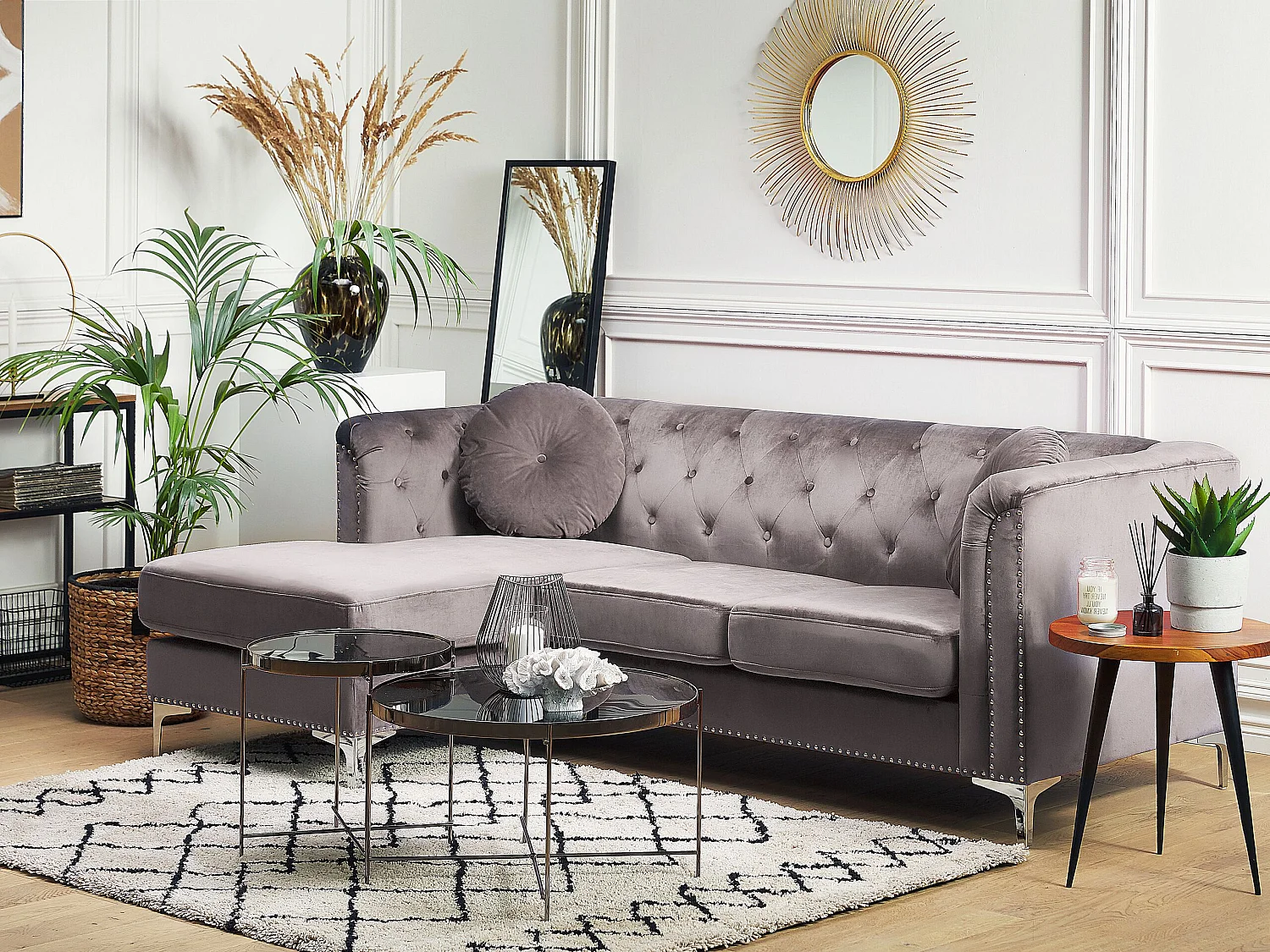 Elegantes Ecksofa aus Samtstoff rechtsseitig grau Flen