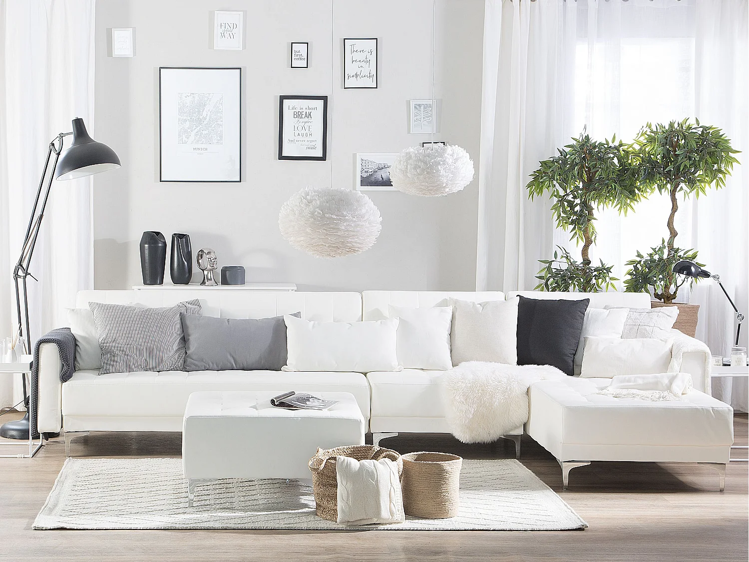 Modulsofa Kunstleder Schlaffunktion weiß linksseitig mit Ottomane Aberdeen