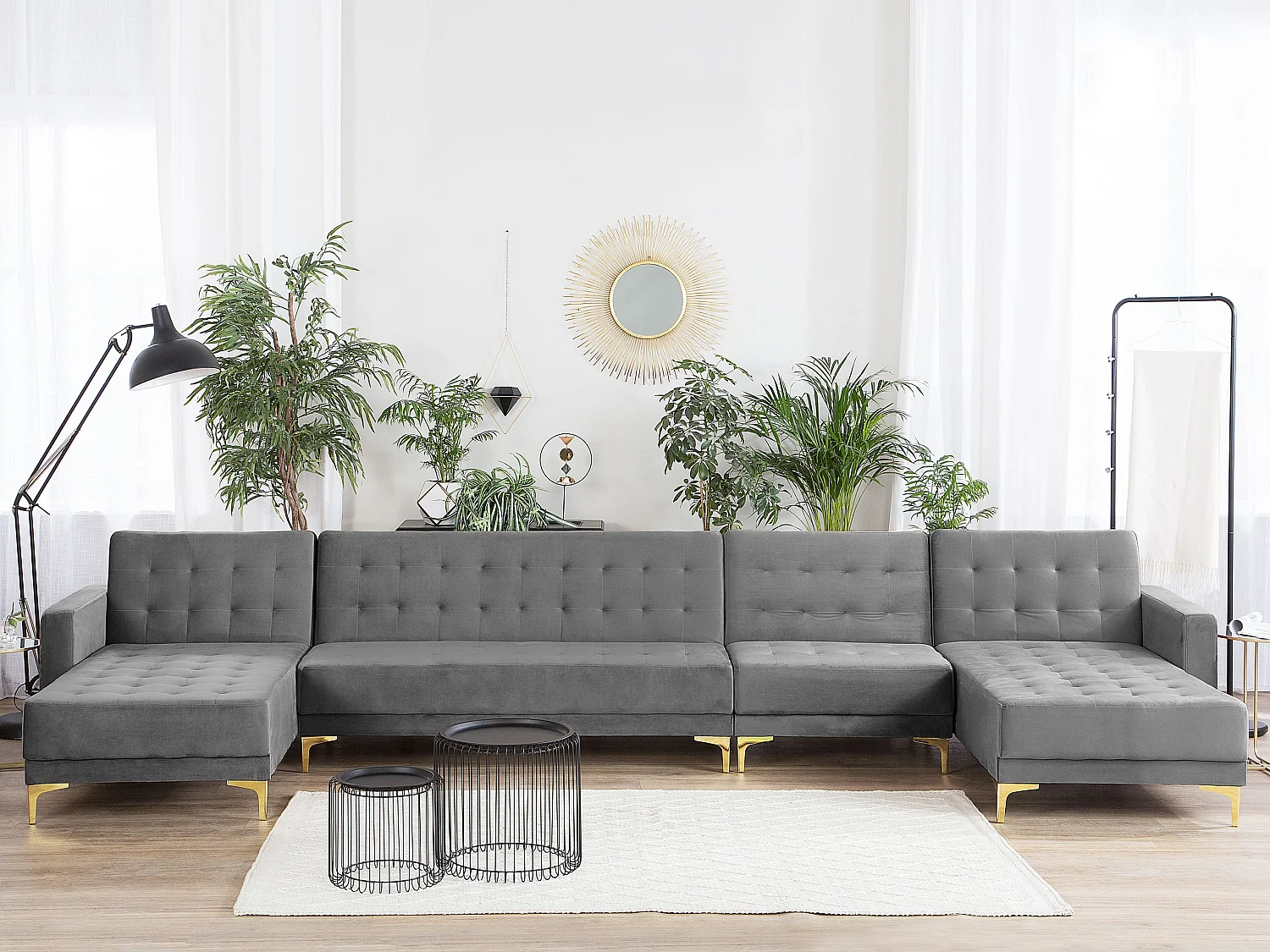 Canapé-lit modulable en forme de U 6 places ABERDEEN Velours Gris Réversible