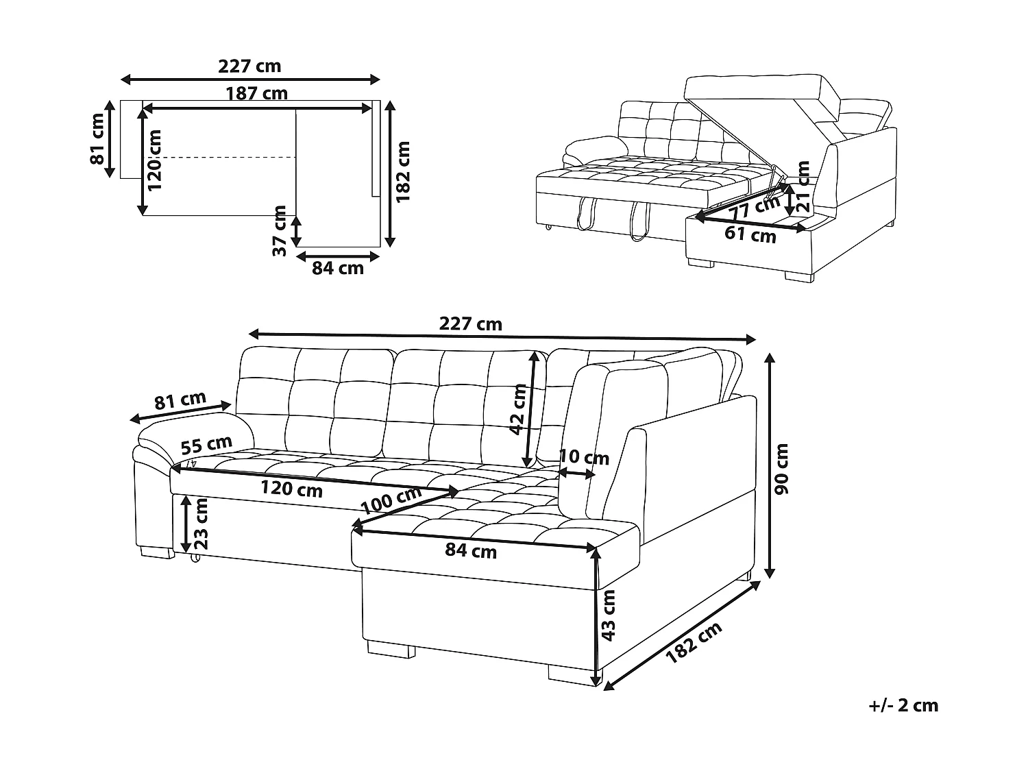 Narożnik rozkładany VARNAMO Welur Szary ze schowkiem dla 4 osób Lewostronny