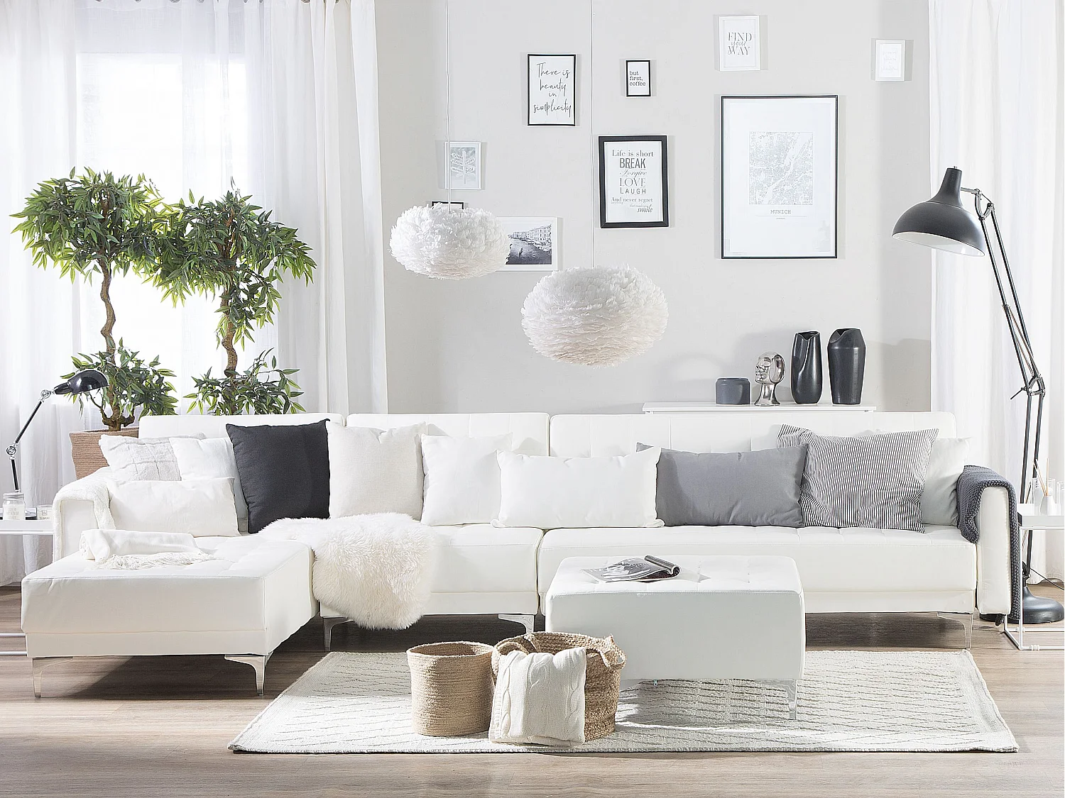 Modulsofa Kunstleder Schlaffunktion weiß rechtsseitig mit Ottomane Aberdeen