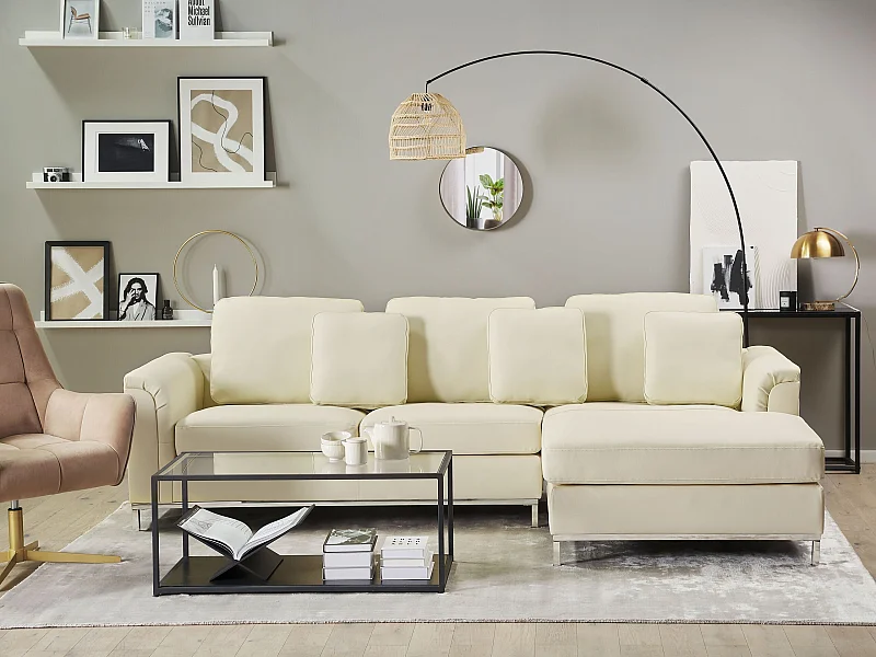 Modernes Ecksofa Echtleder 3 Zierkissen beige Oslo