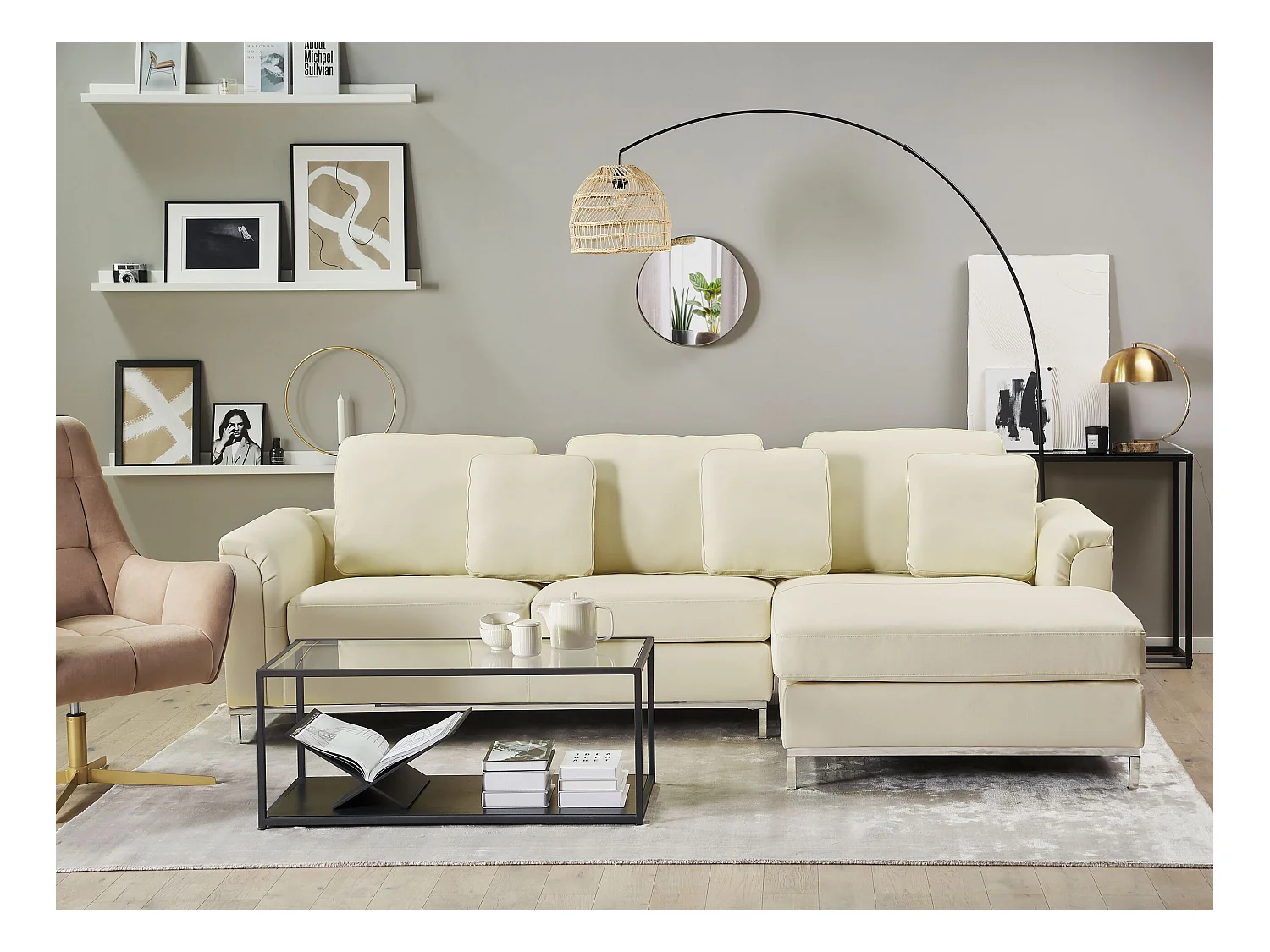Canapé Angle à droite en Cuir Véritable Beige Dossier Matelassé Housses Amovibles Oslo