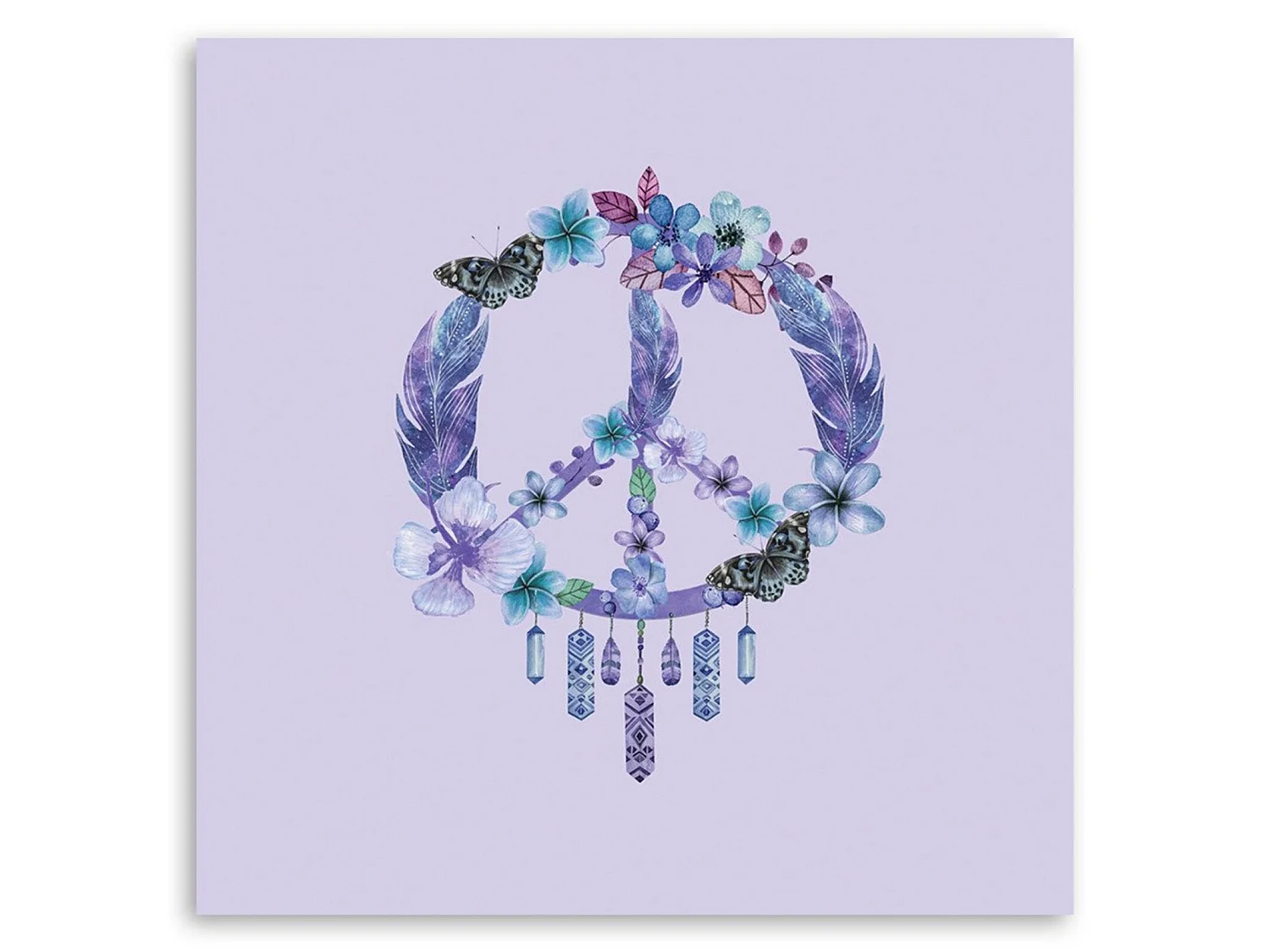 Tableau symbole de paix de bois avec des plumes - 60 x 60 cm