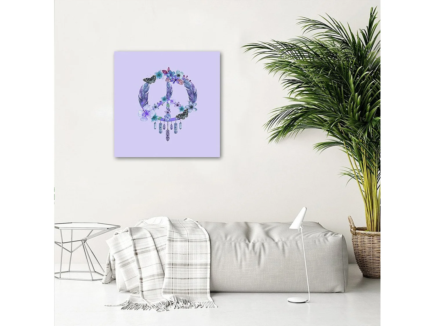 Tableau symbole de paix de bois avec des plumes - 60 x 60 cm