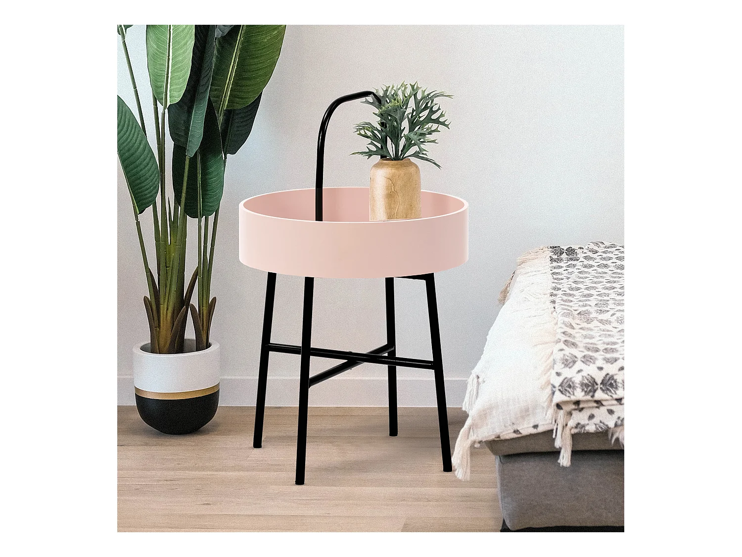 Mesa Auxiliar Redonda Jaipur, Tapa de MDF Rosa, Estructura metálica