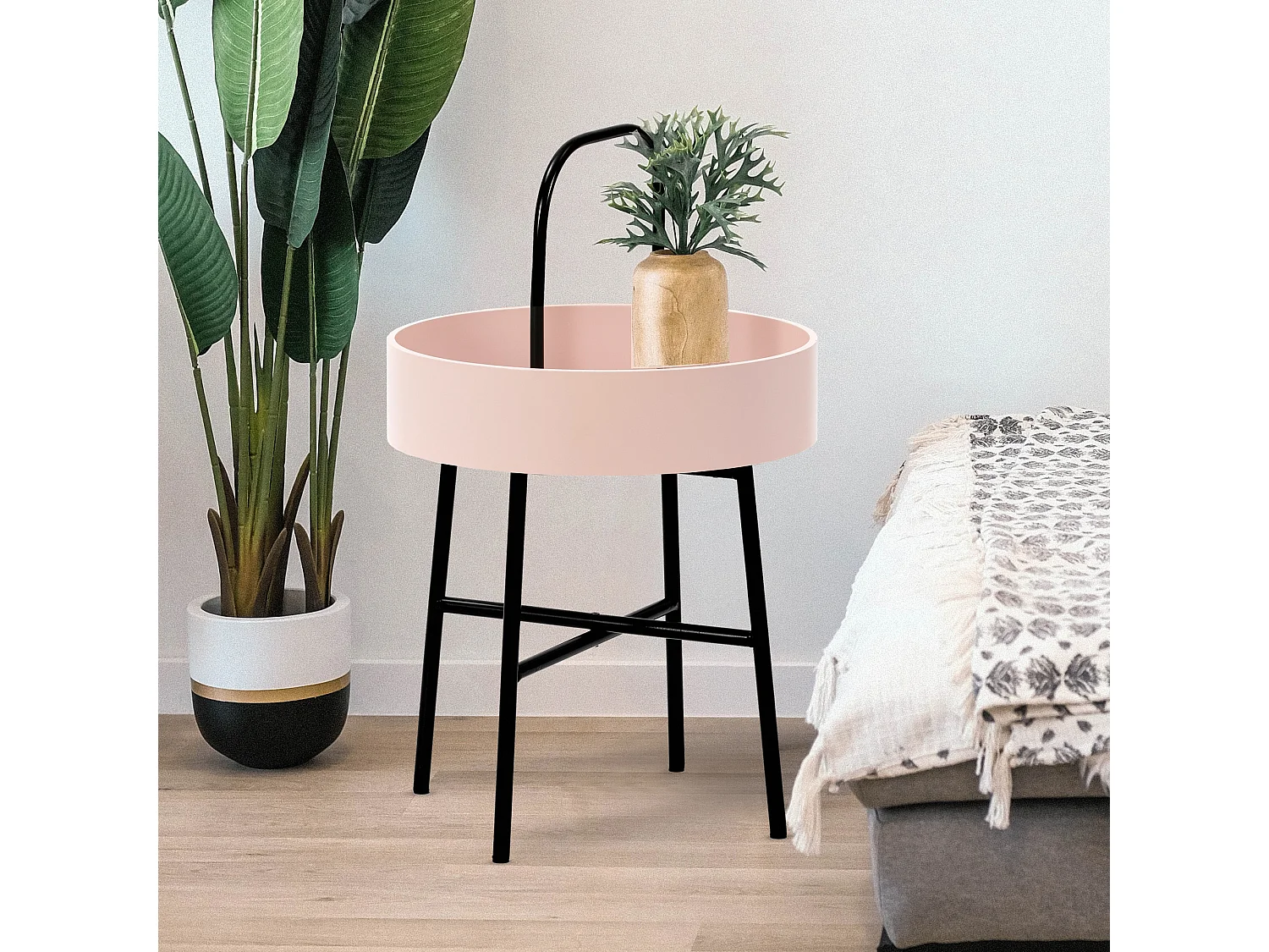 Bijzettafel Jaipur, Roze MDF-blad, Metalen frame