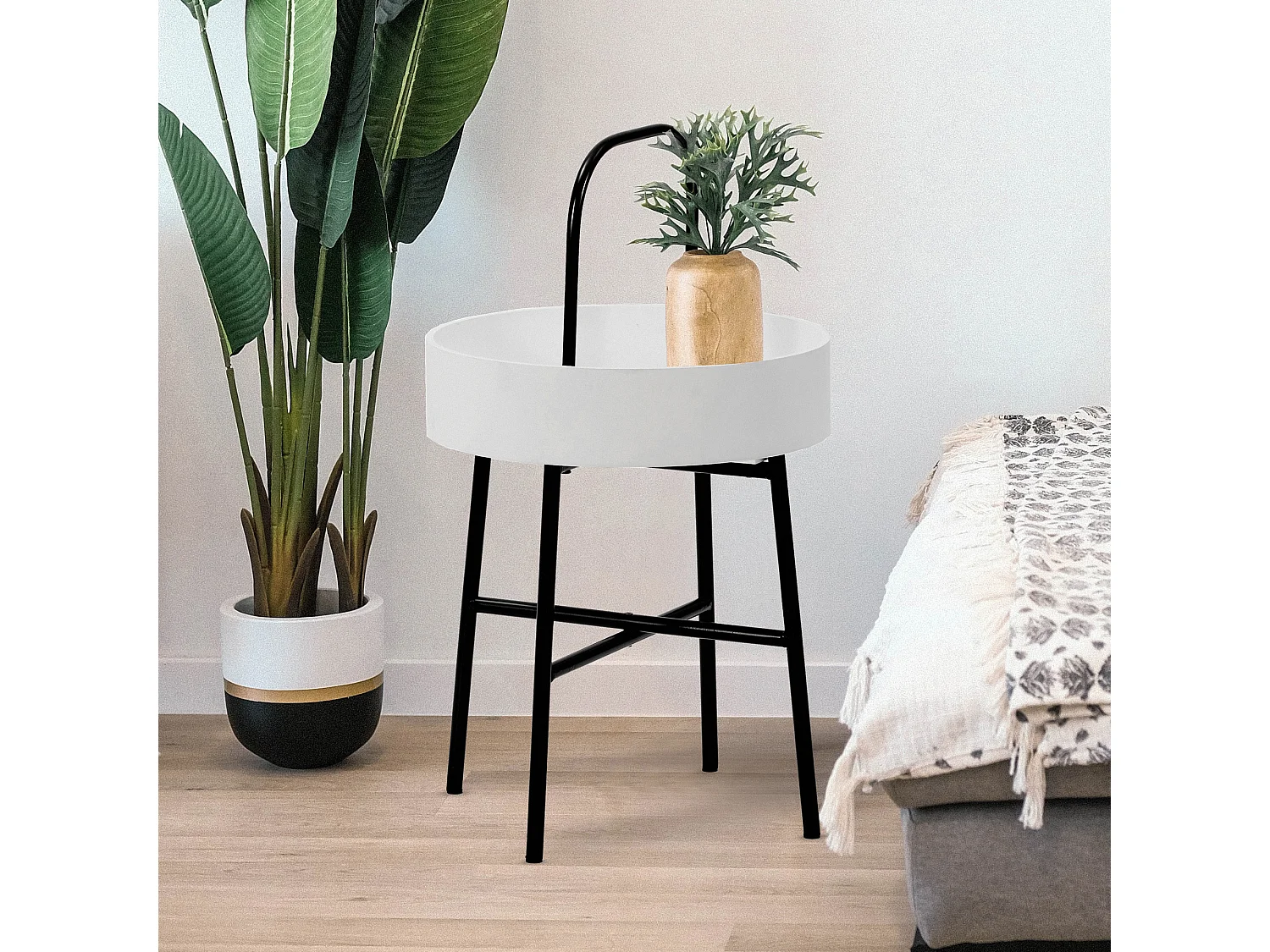 Bijzettafel Jaipur, Ronde MDF Grijze Top, Metalen Frame