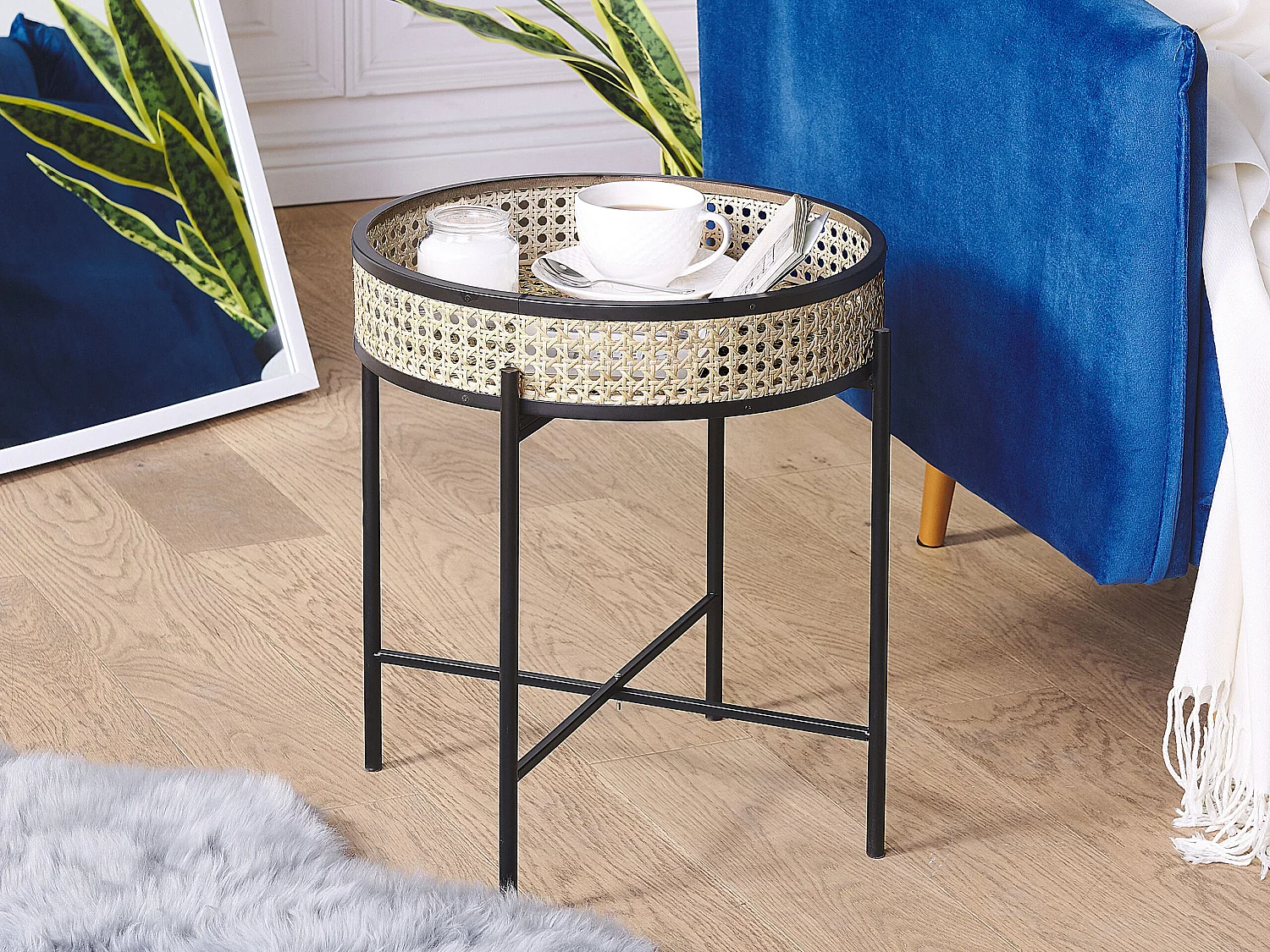 Beistelltisch Rattan beige natürlich Metallgestell schwarz rund 36cm Boho Vienna
