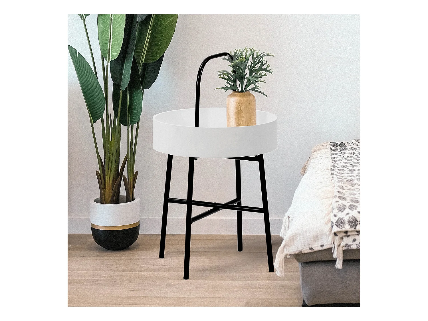 Mesa Auxiliar Redonda Jaipur, Tapa de MDF Blanco, Estructura metálica