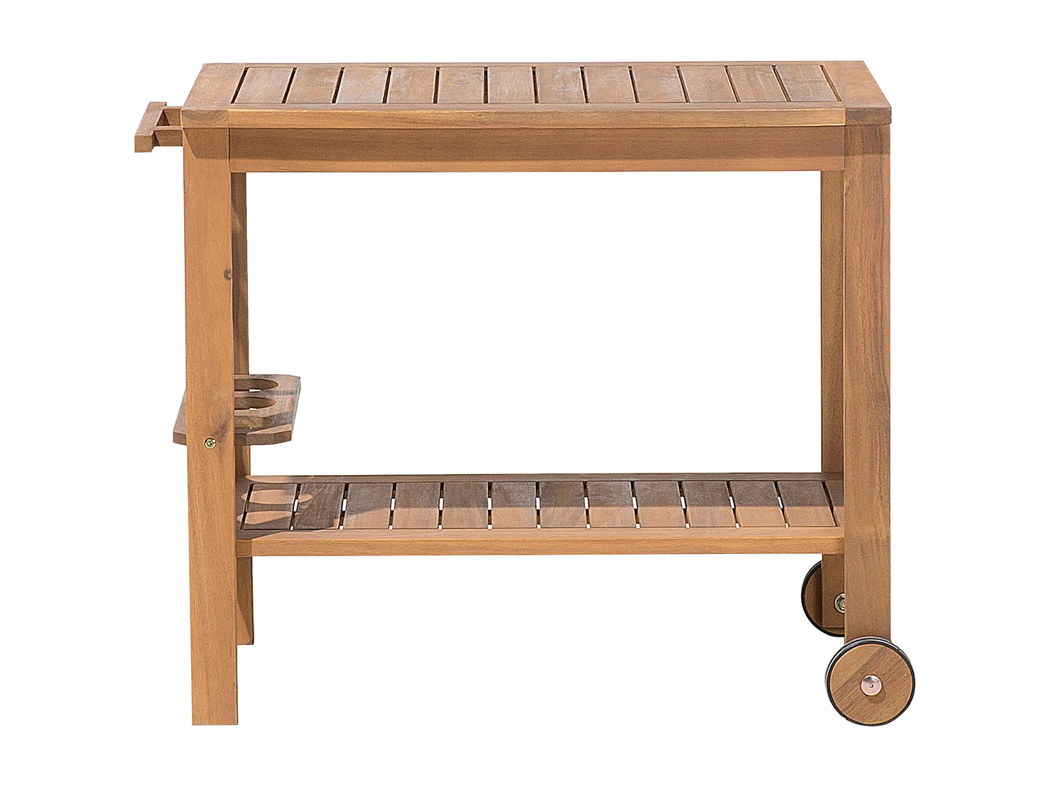 Küchenwagen 2 Etagen Akazienholz hellbraun rollbar mit 3 Getränkehaltern Sassari