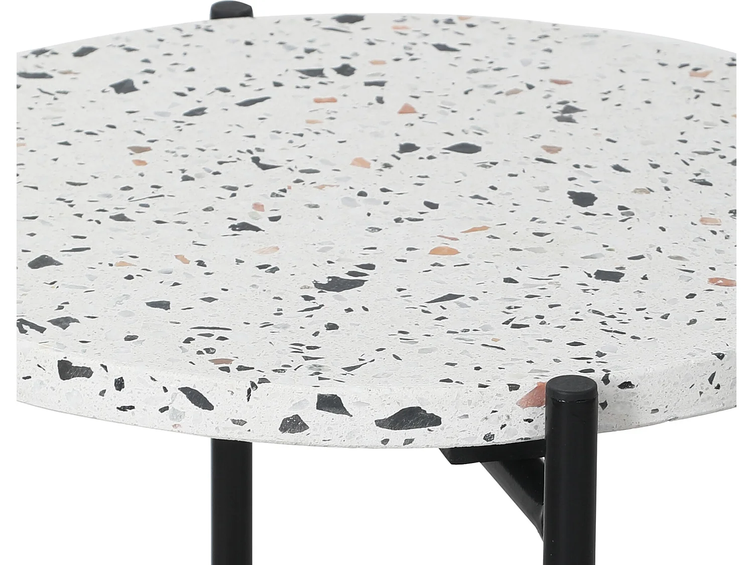 Tavolino da caffè Rotondo Yala con Piano d'appoggio in graniglia Bianco e Gambe Metalliche di Colore Nero Opaco/Diametro: 41 cm