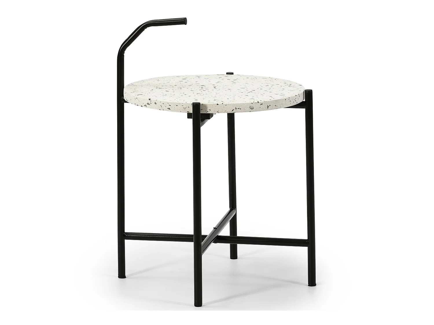 Bijzettafel Yala, ronde terrazzo blad in het wit en zwarte metalen poten.