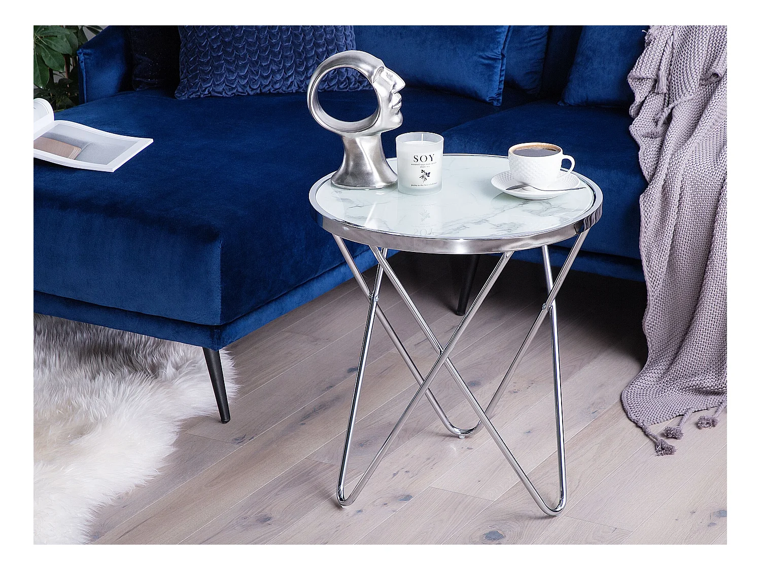 Stolik pomocniczy MERIDIAN Szkło hartowane Marmur/ srebrny