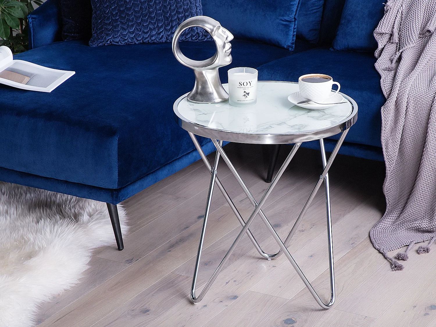 Edler Beistelltisch rund Glas Marmor Optik/silber Meridian II