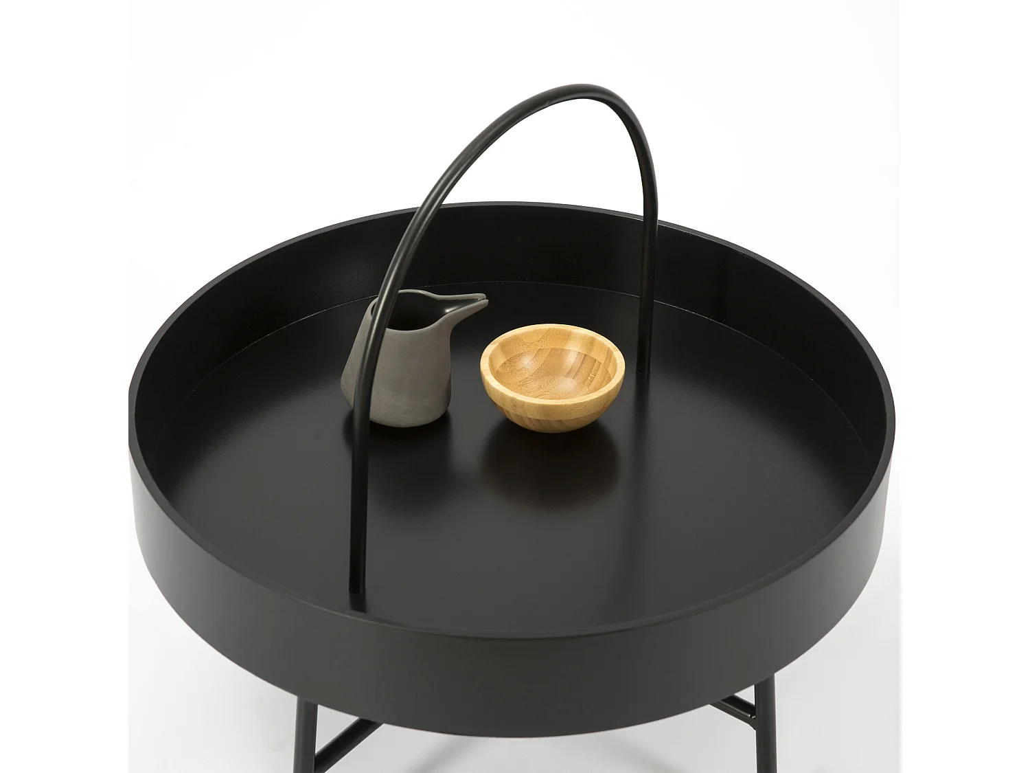 Table Basse Ronde Manila avec Plateau en MDF Noir et Structure métallique Noir Mat