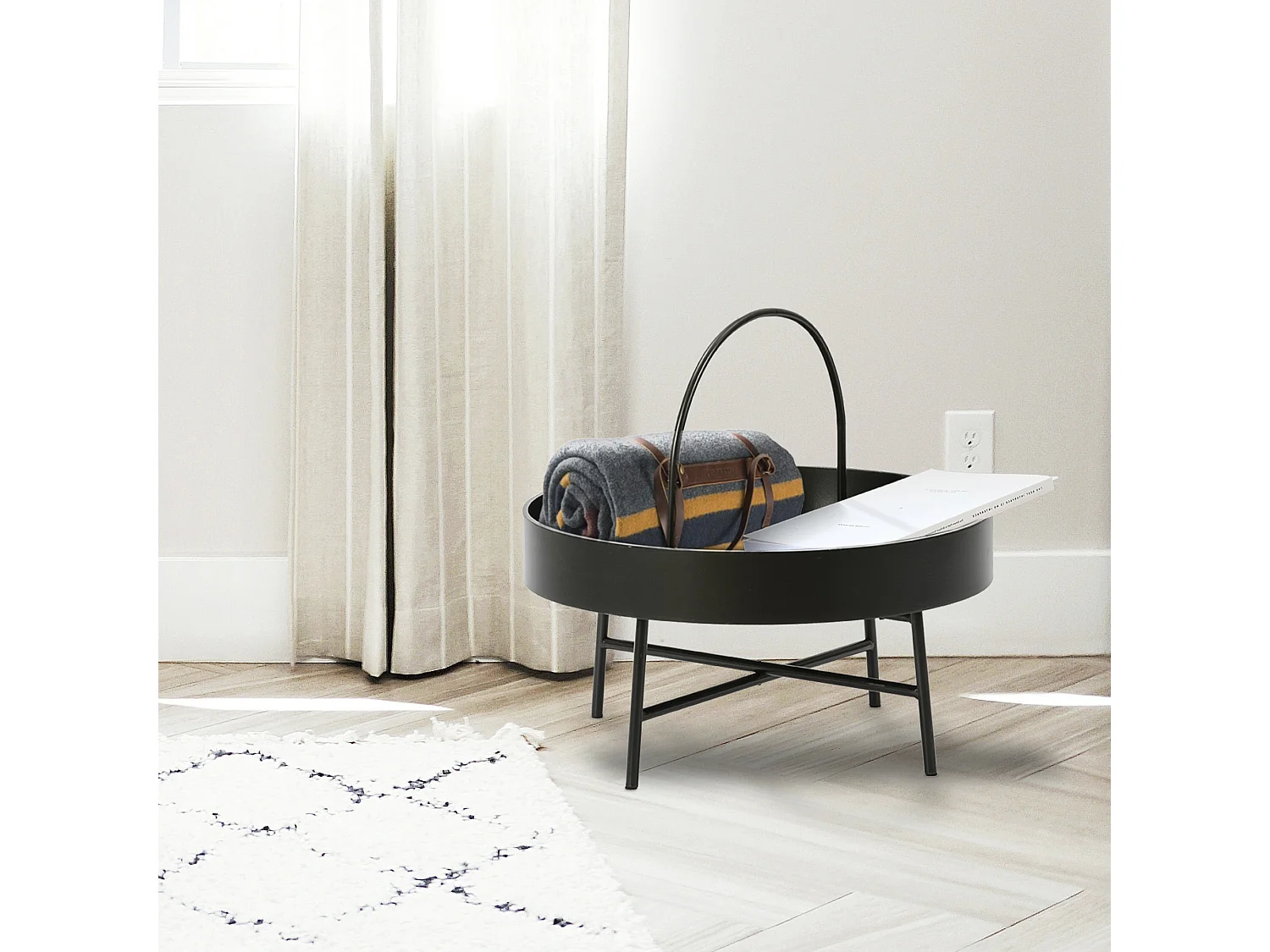 Table Basse Ronde Manila avec Plateau en MDF Noir et Structure métallique Noir Mat