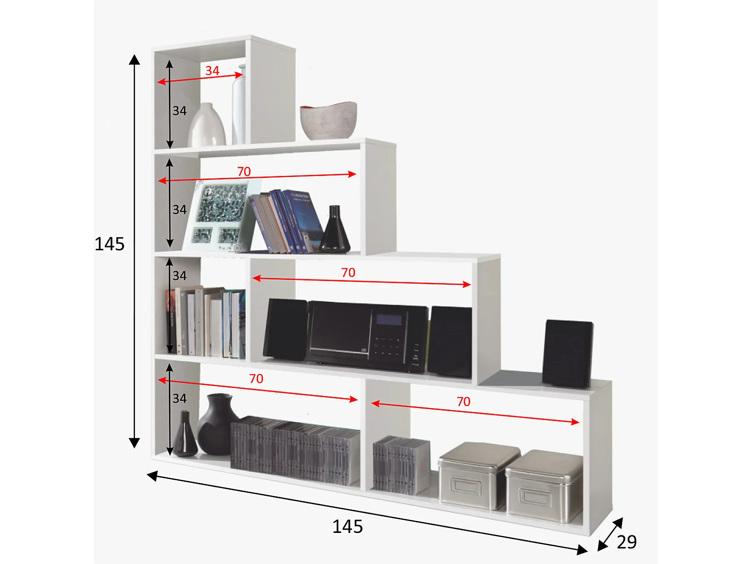Boekenkast Jaén in glanzend wit met 6 vakken, voor woonkamer of eetkamer.