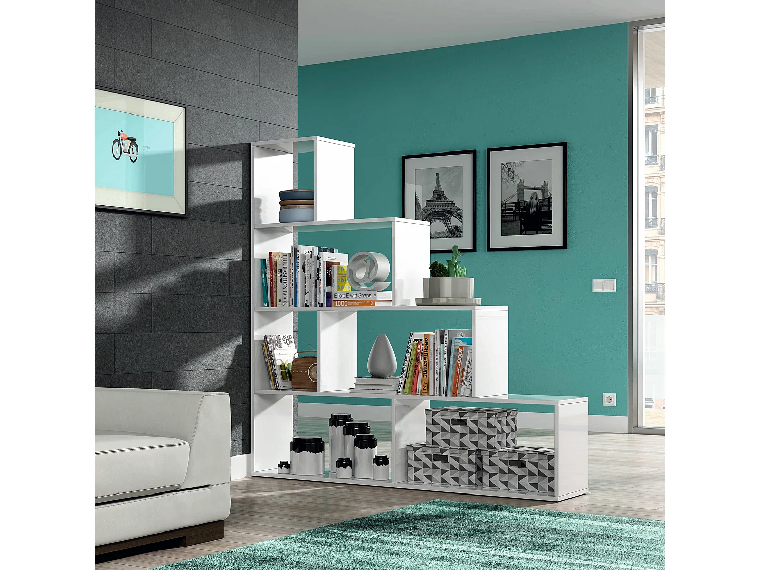 Boekenkast Jaén in glanzend wit met 6 vakken, voor woonkamer of eetkamer.