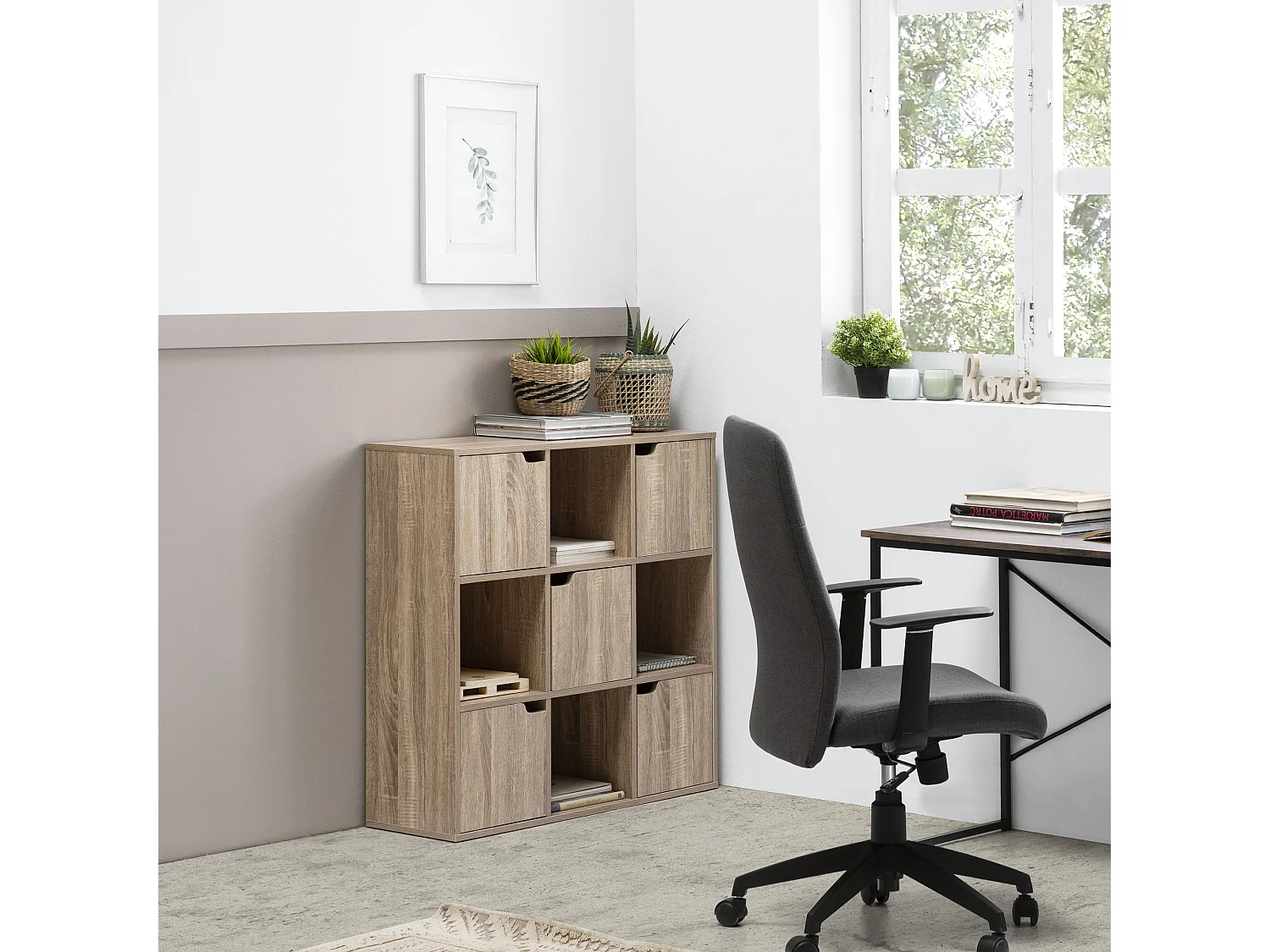 Bureau Étagère Martin de Rangement, Couleur chêne avec 4 Rayons et 5 Portes