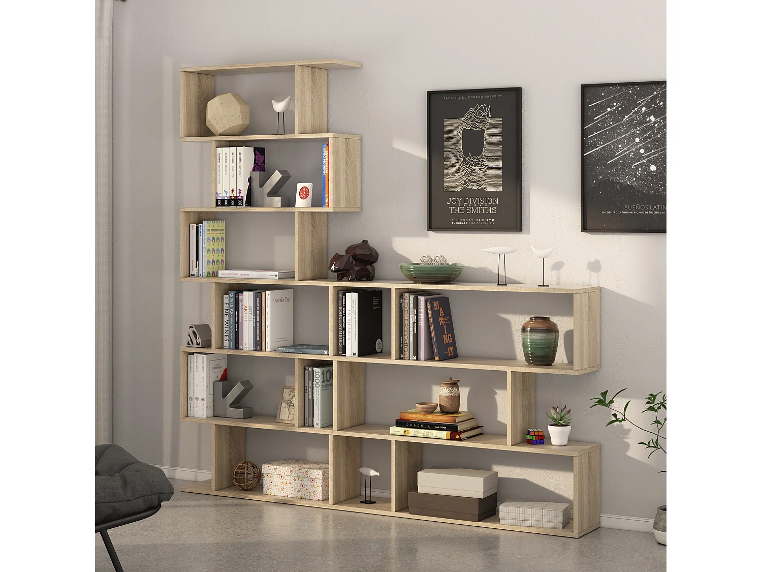 Boekenkast Boekenplank Bologna Kleur Eiken 12 Vakken, voor Woonkamer of Kantoor