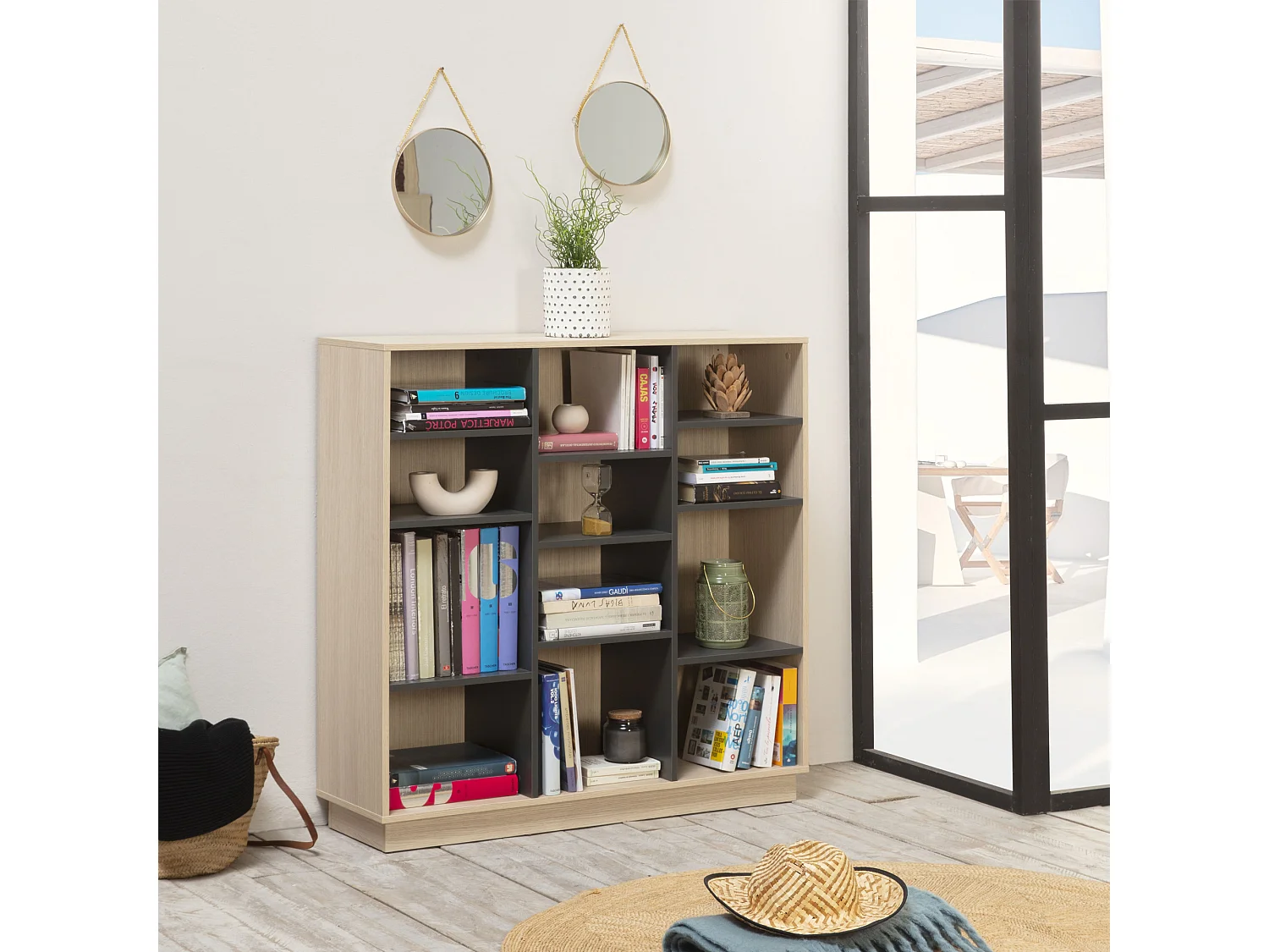 Boekenkast Vigo 110x110 cm, kantoorkast, eiken/grijs.